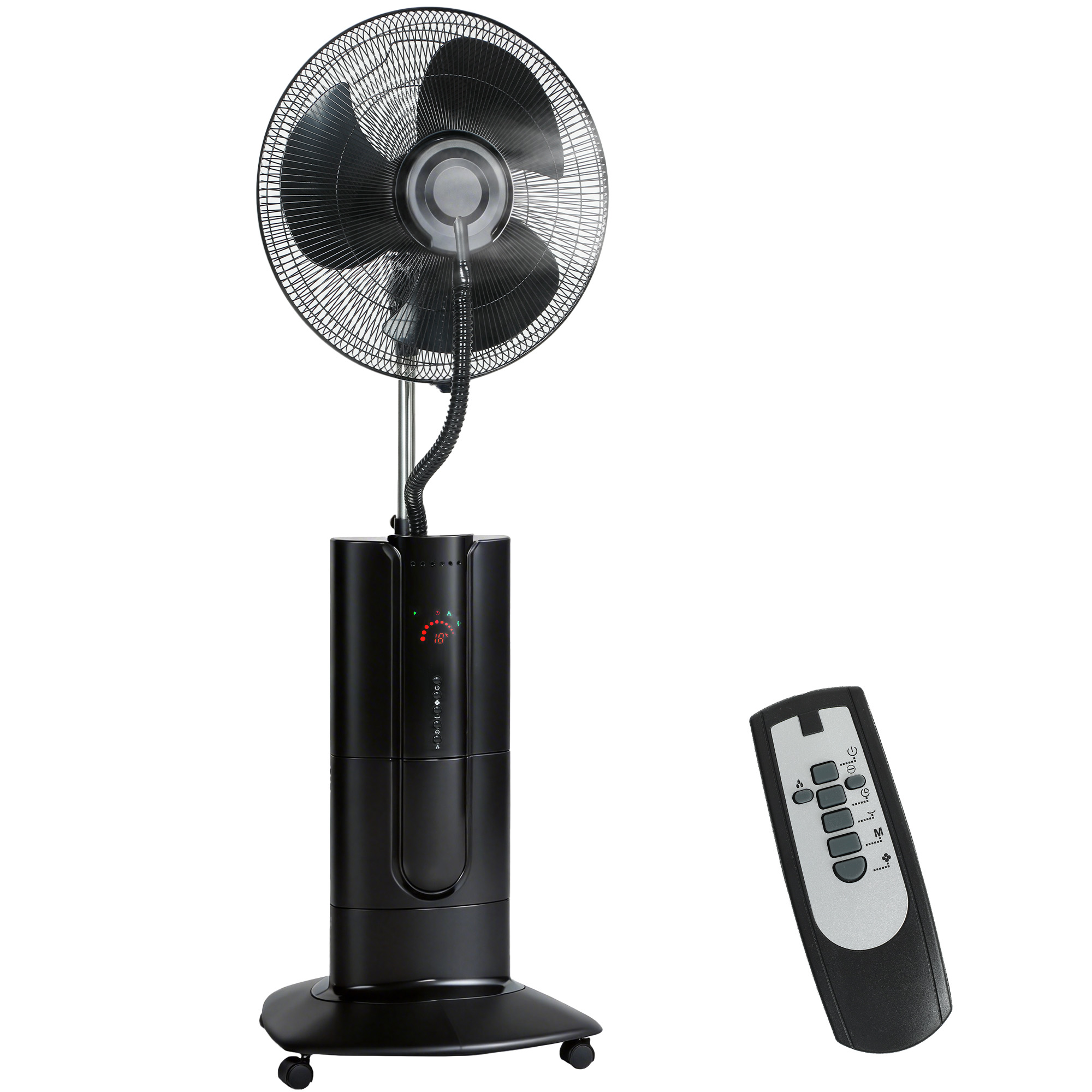 Un ventilatore da terra nero con telecomando su sfondo bianco.