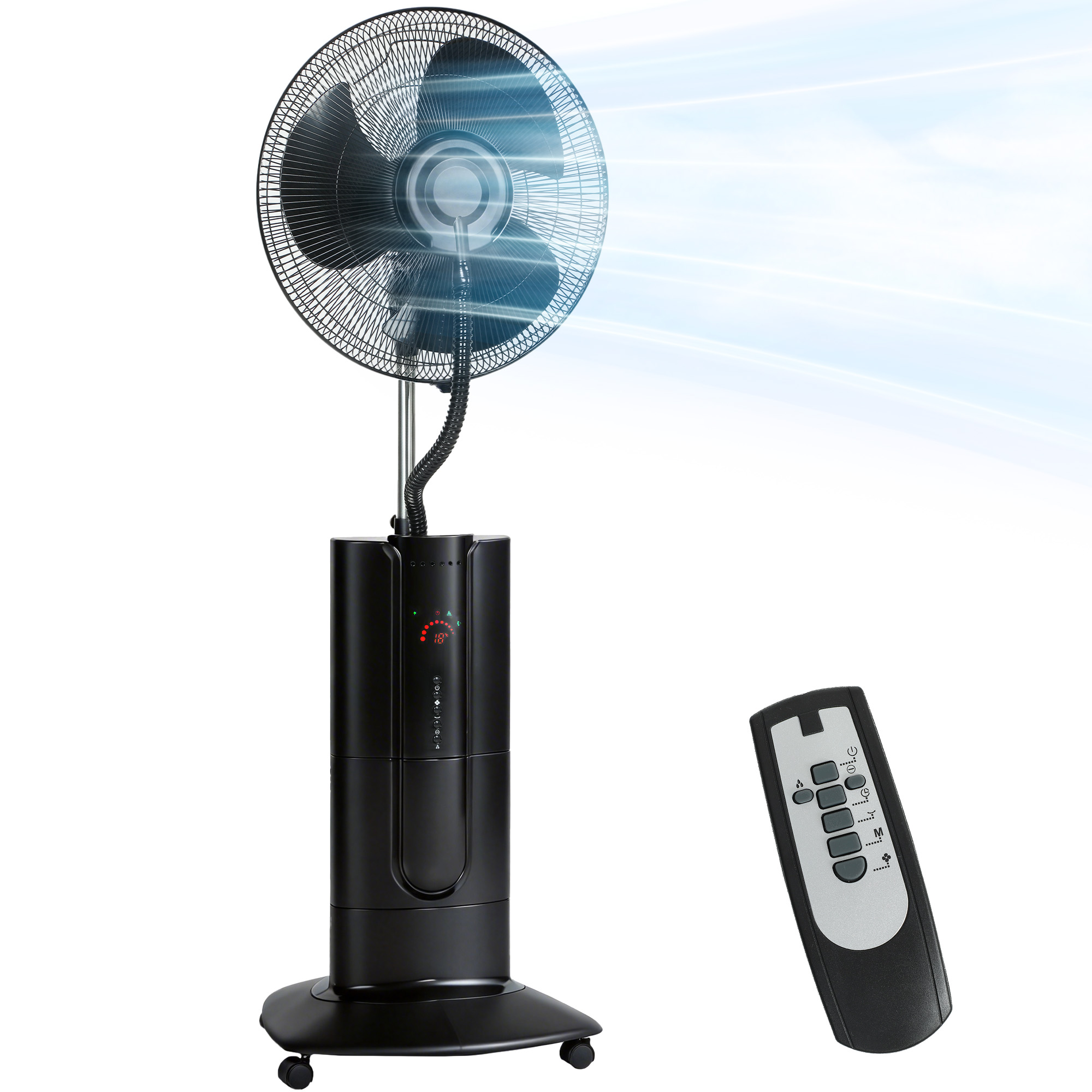Ventilatore da terra nero con telecomando che emette aria fresca.