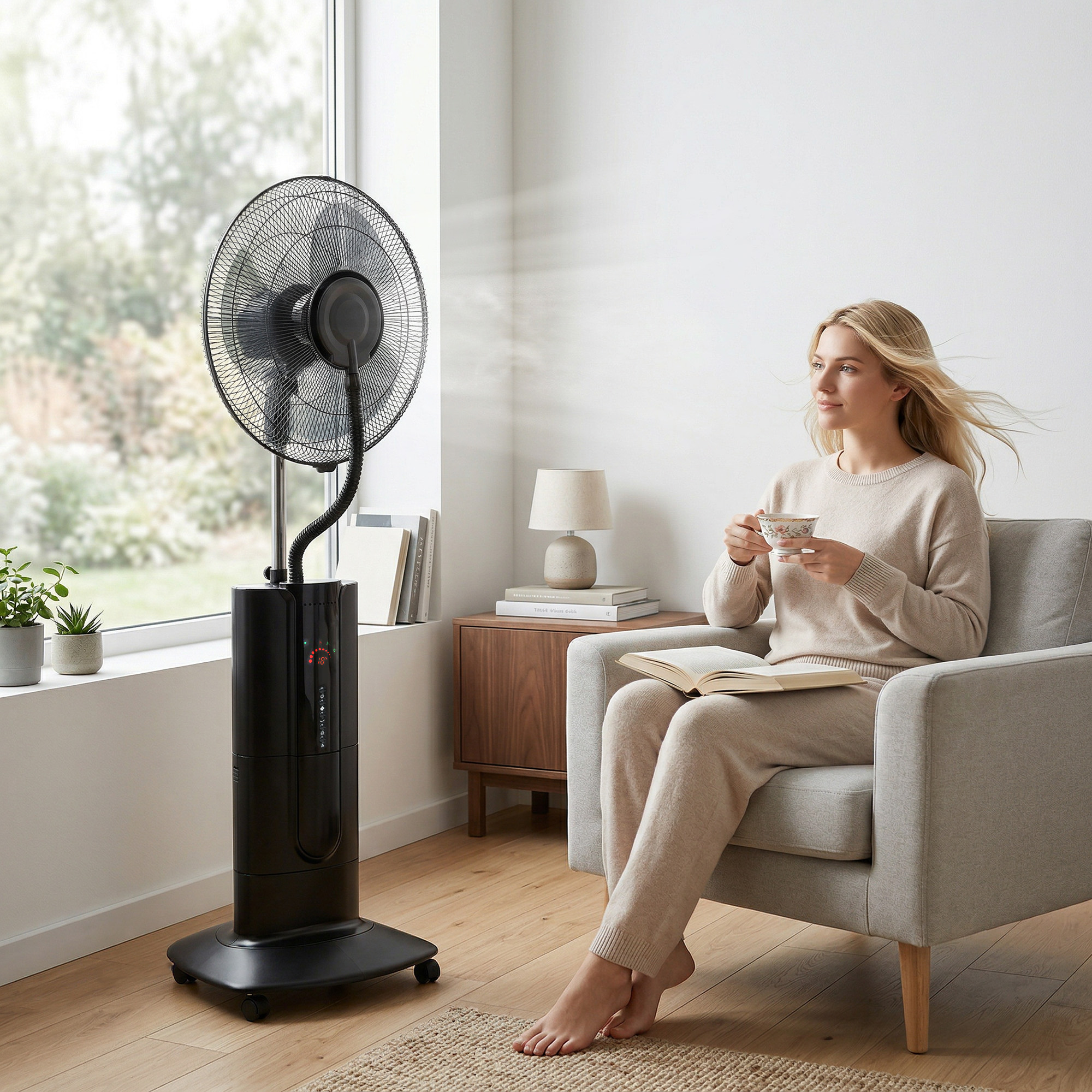 Una donna seduta su una poltrona, beve tè e legge un libro, con un ventilatore nelle vicinanze.
