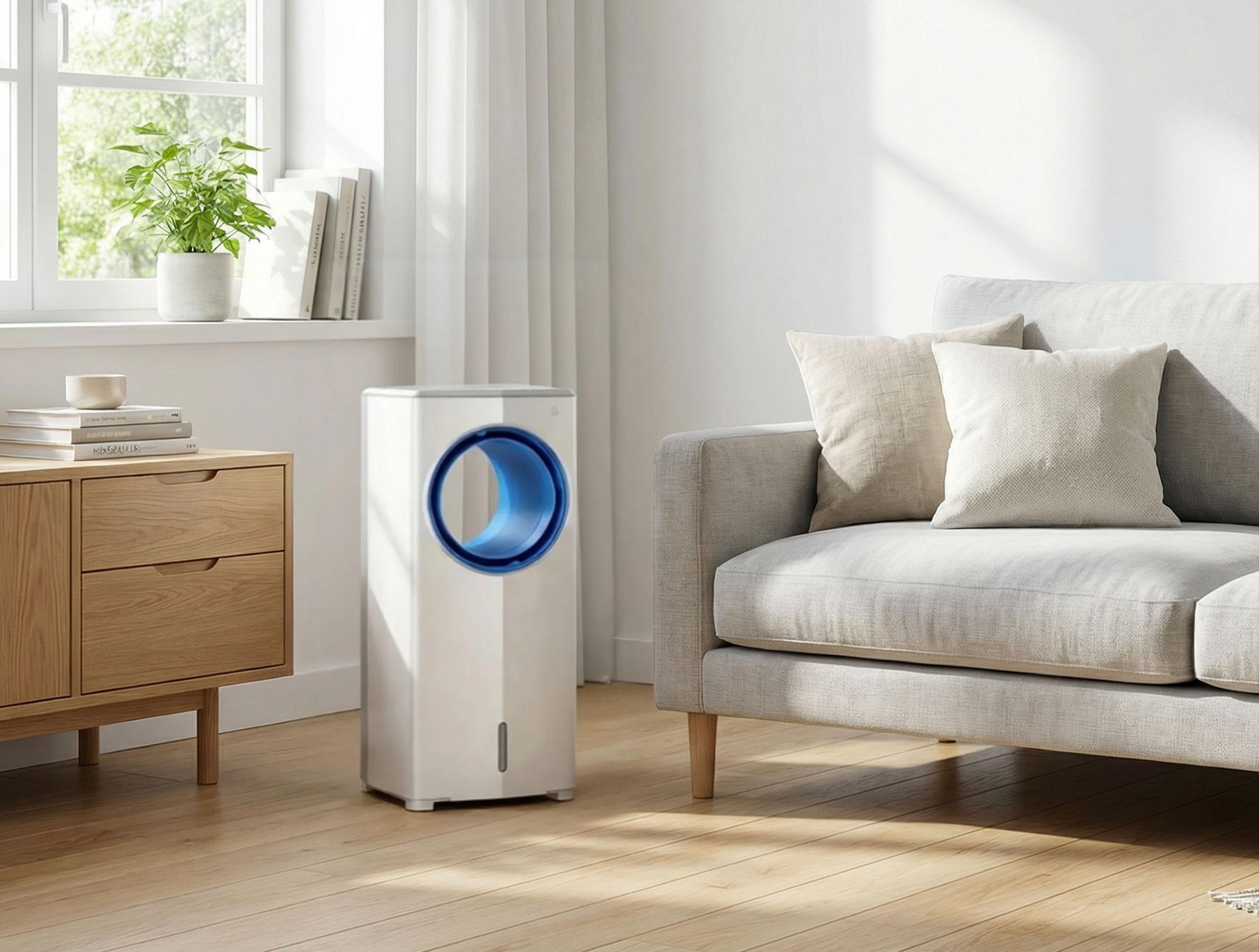 Un refrigeratore d'aria bianco con apertura blu accanto a un divano.