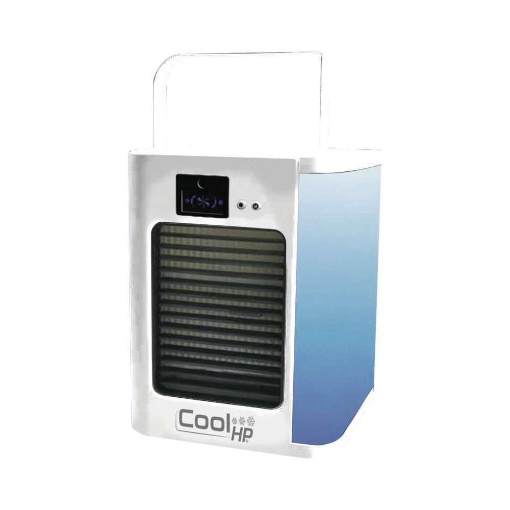 Un condizionatore d'aria portatile bianco e blu con display digitale e prese d'aria.