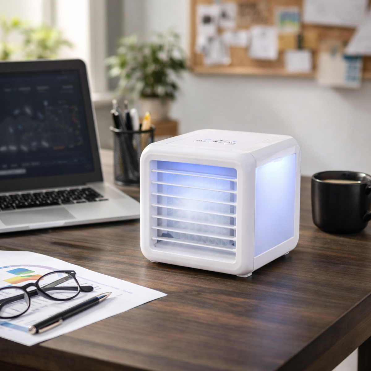 A white portable air cooler with blue light sits on a desk next to a laptop.