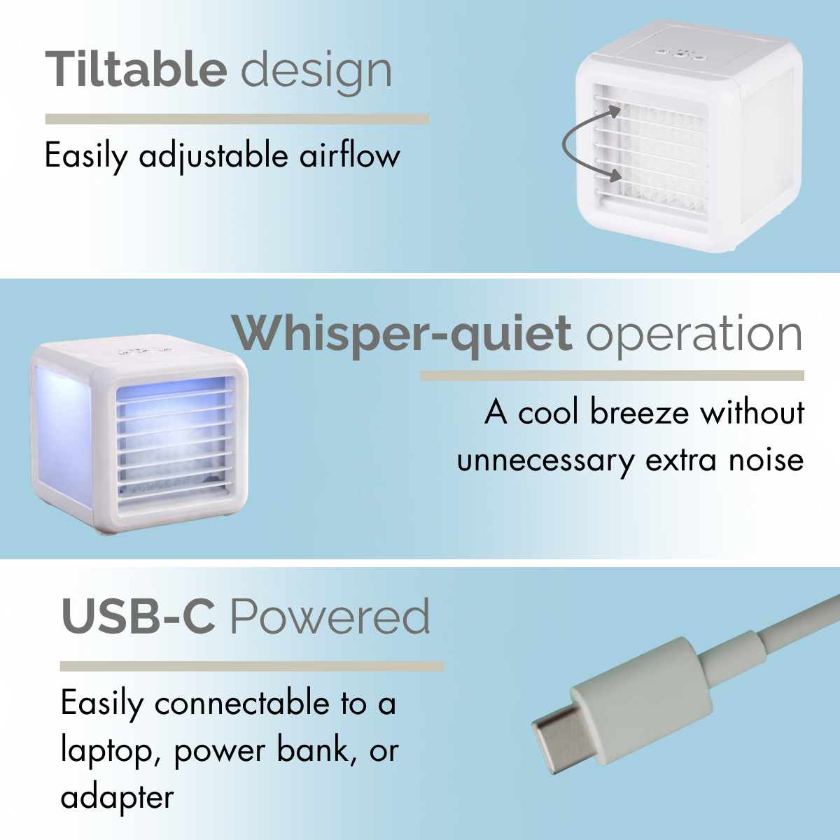 A white air cooler with tiltable design and USB-C connection.