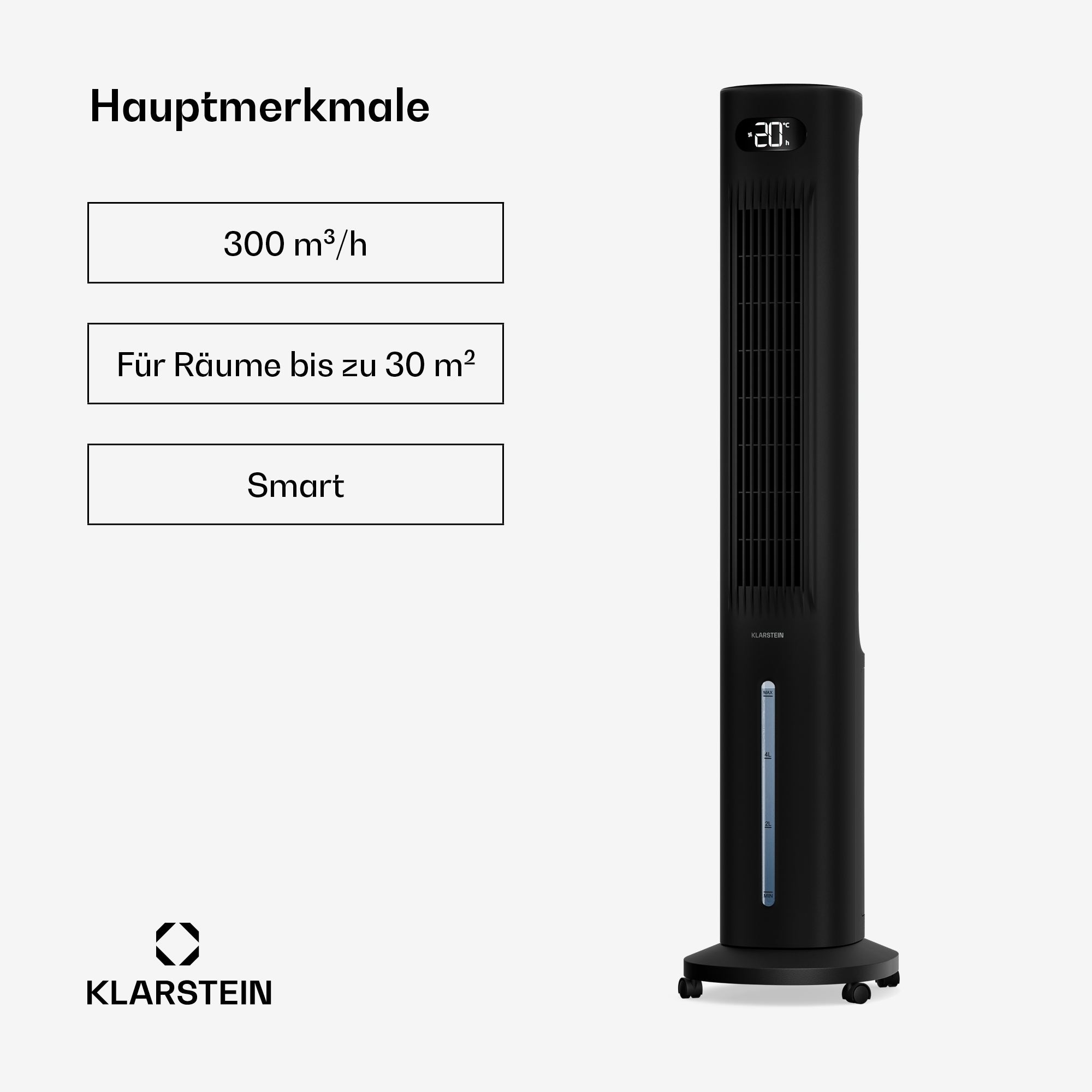 Schwarzer Turmventilator mit Anzeige 20°C, Klarstein Logo und Wasserkapazität.