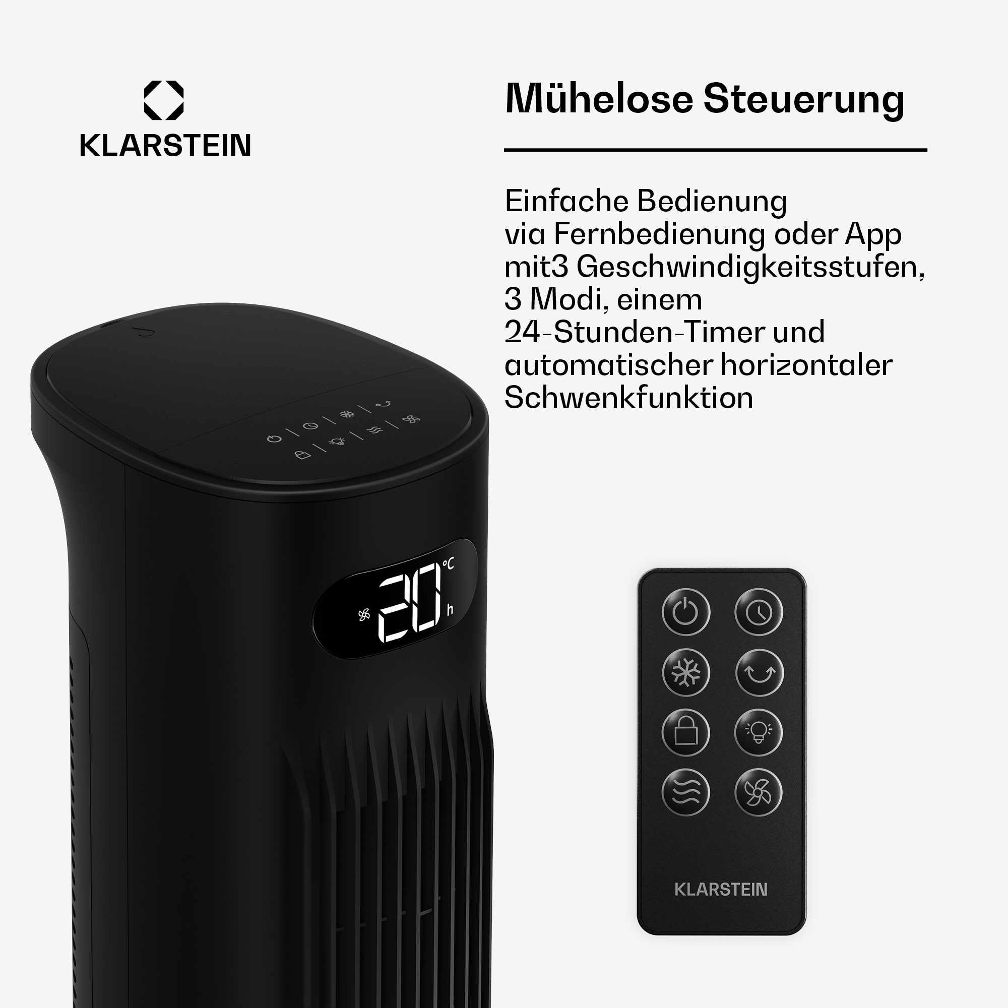 Schwarzer Turmventilator mit Fernbedienung und Klarstein Logo.