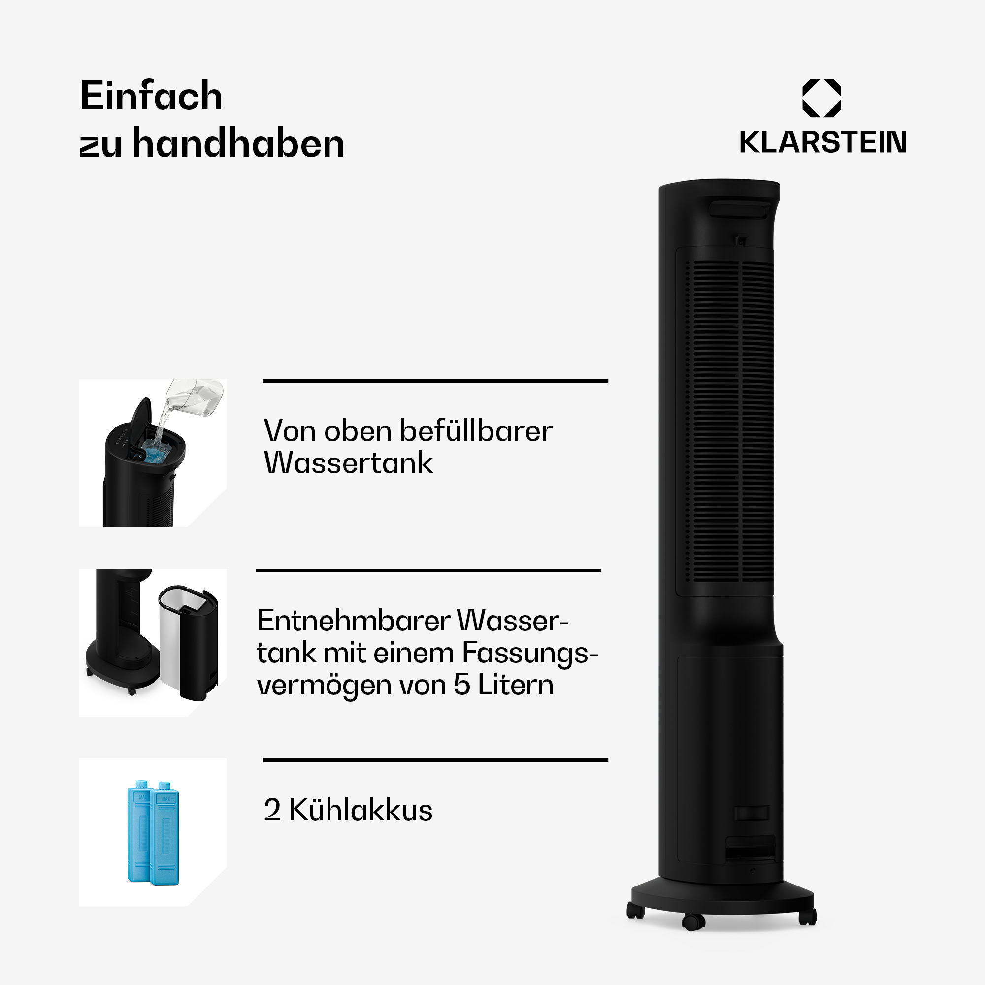 Schwarzer Turmventilator mit Wasserkühlung und Zubehör.