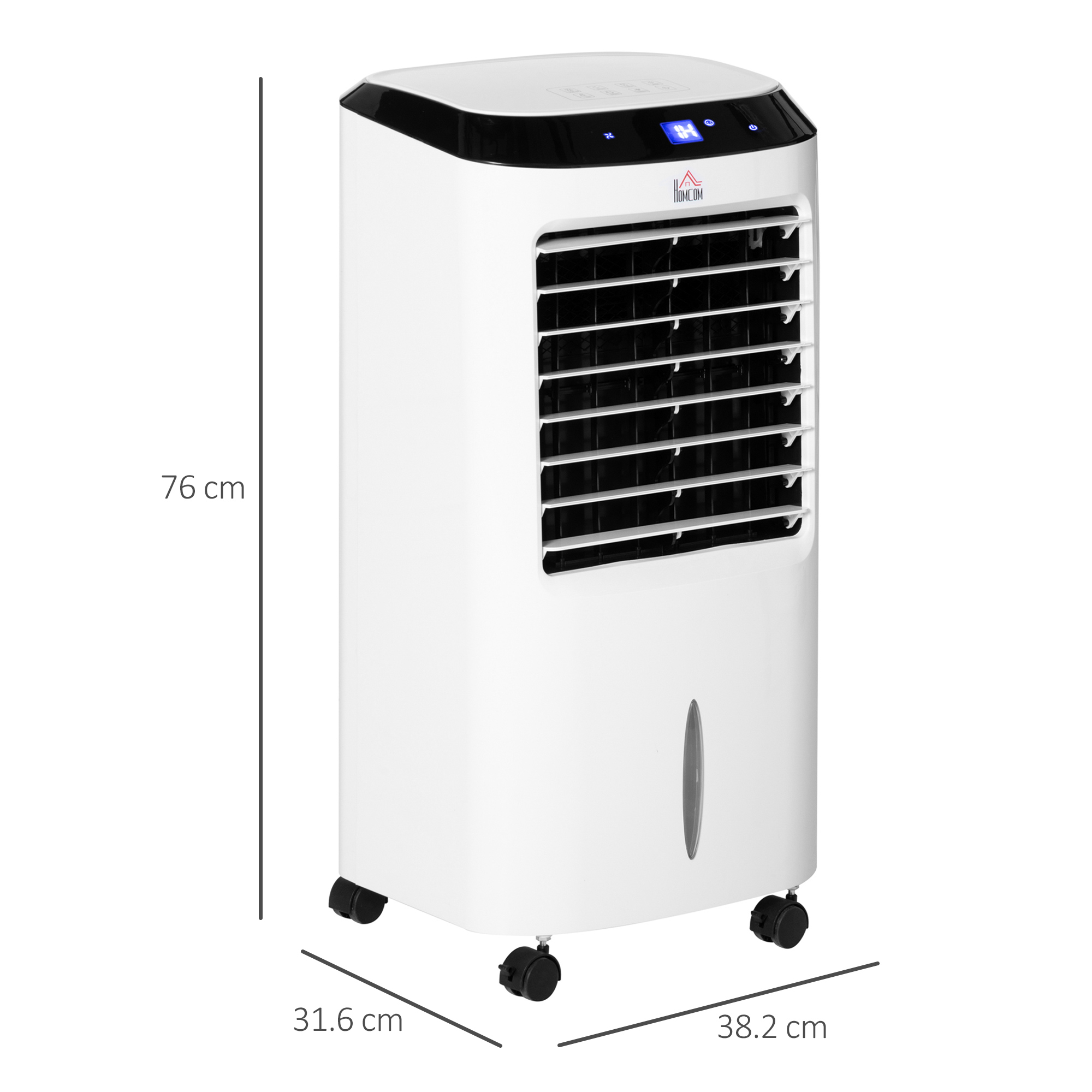 Un refrigeratore d'aria bianco con ruote e pannello di controllo.