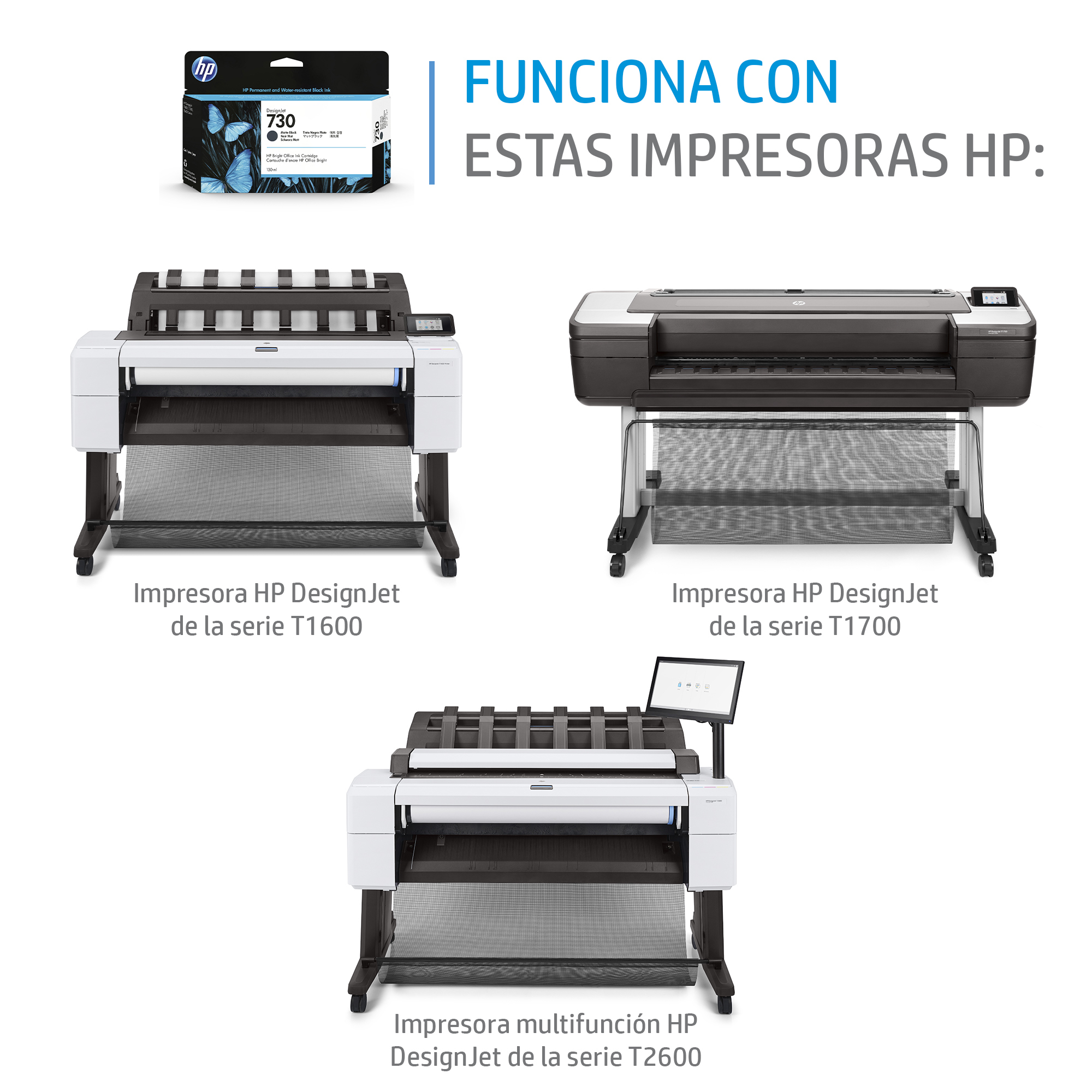 Tusz HP i trzy drukarki HP DesignJet: T1600, T1700, T2600.