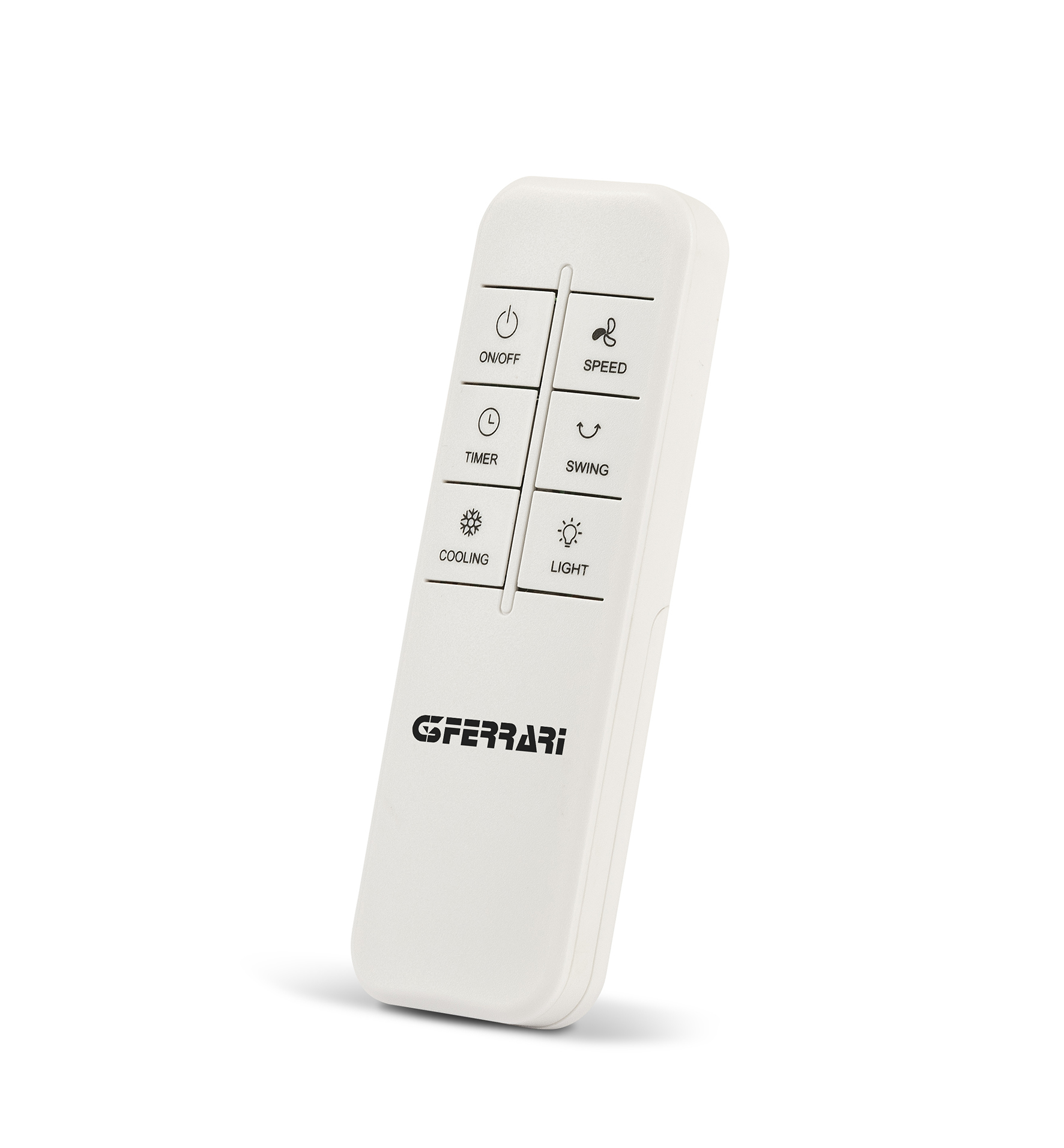 Un telecomando bianco con pulsanti per accensione/spegnimento, timer, raffreddamento, velocità, oscillazione e luce.
