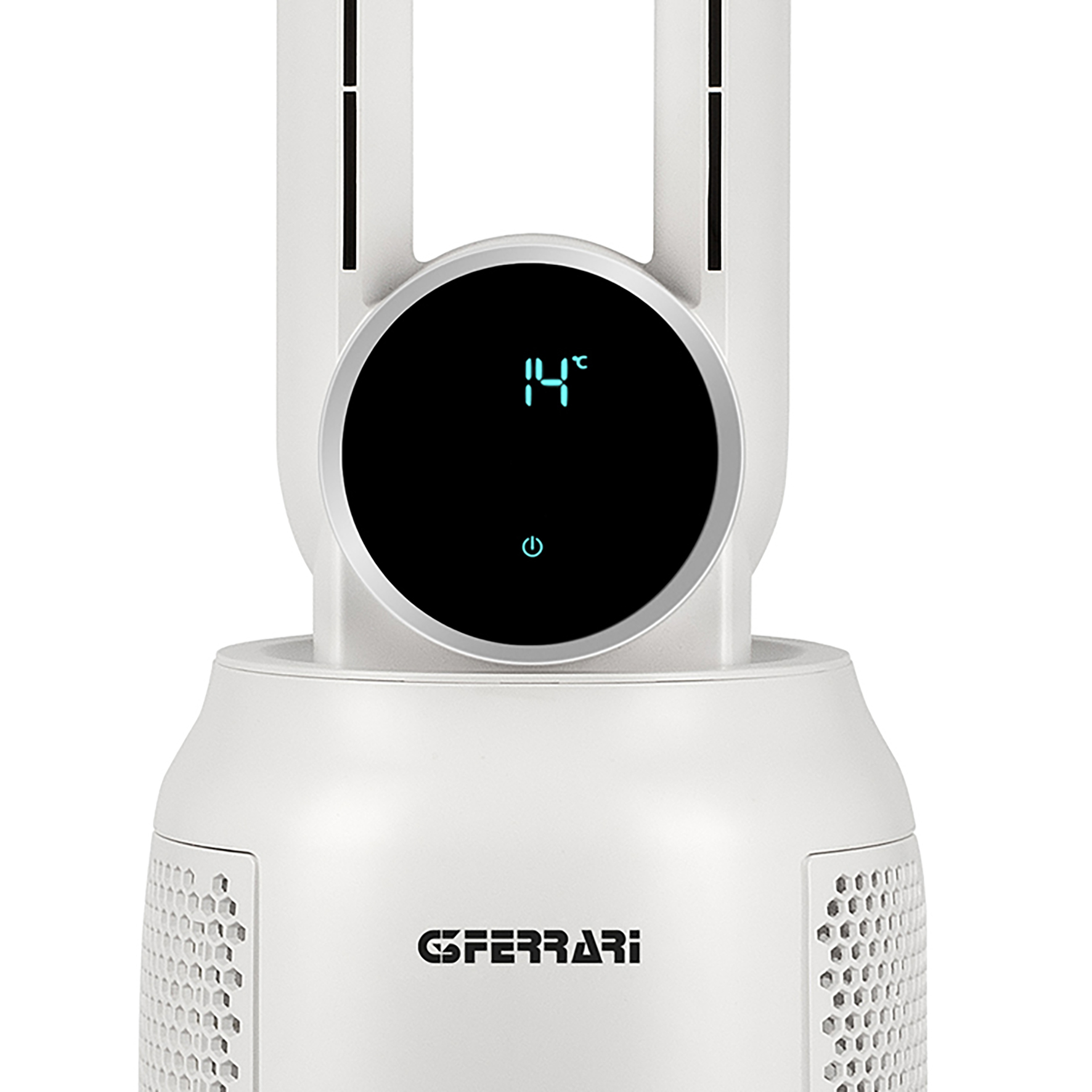 Ventilatore bianco con display digitale che mostra 14°C.