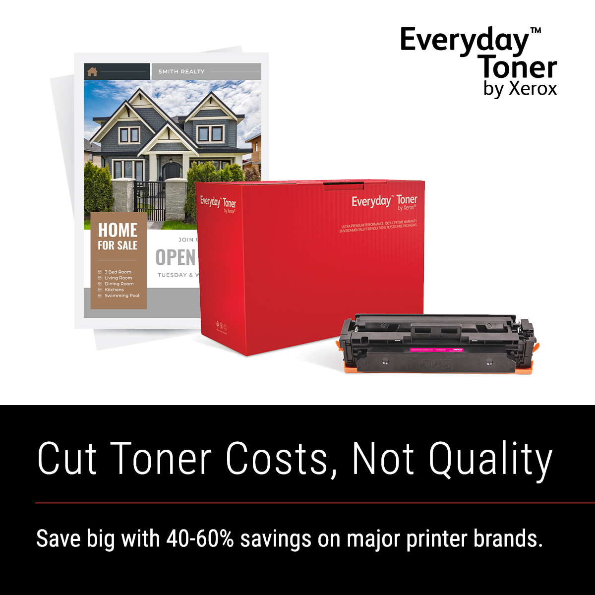 Czerwone pudełko z wkładem tonera i ulotką o domu. Tekst: Everyday Toner by Xerox.