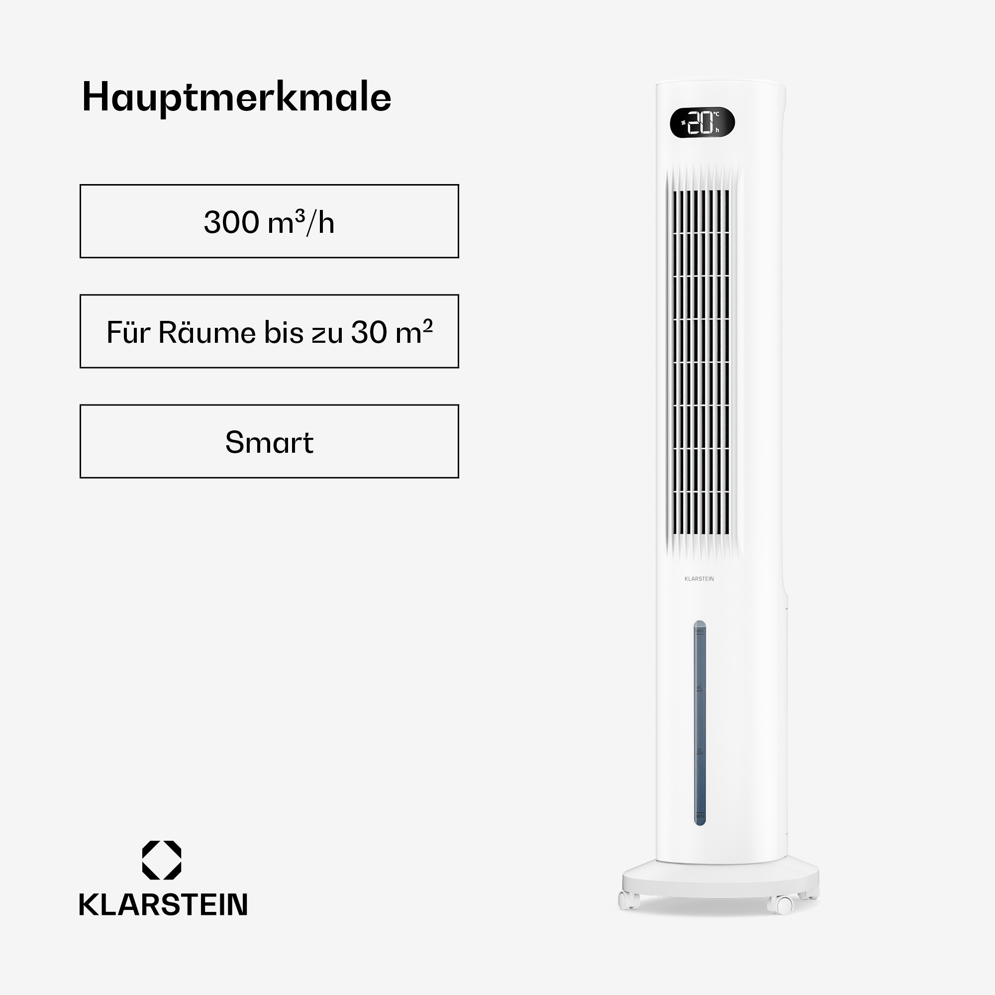 Ein weißer Turmventilator mit Digitalanzeige (20°C) und Wasserbehälter.