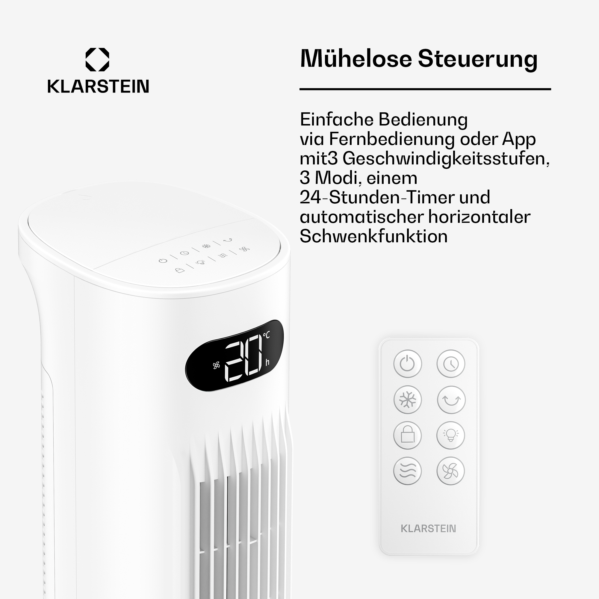 Weißer Turmlüfter mit Fernbedienung und digitaler Anzeige. Klarstein Logo.