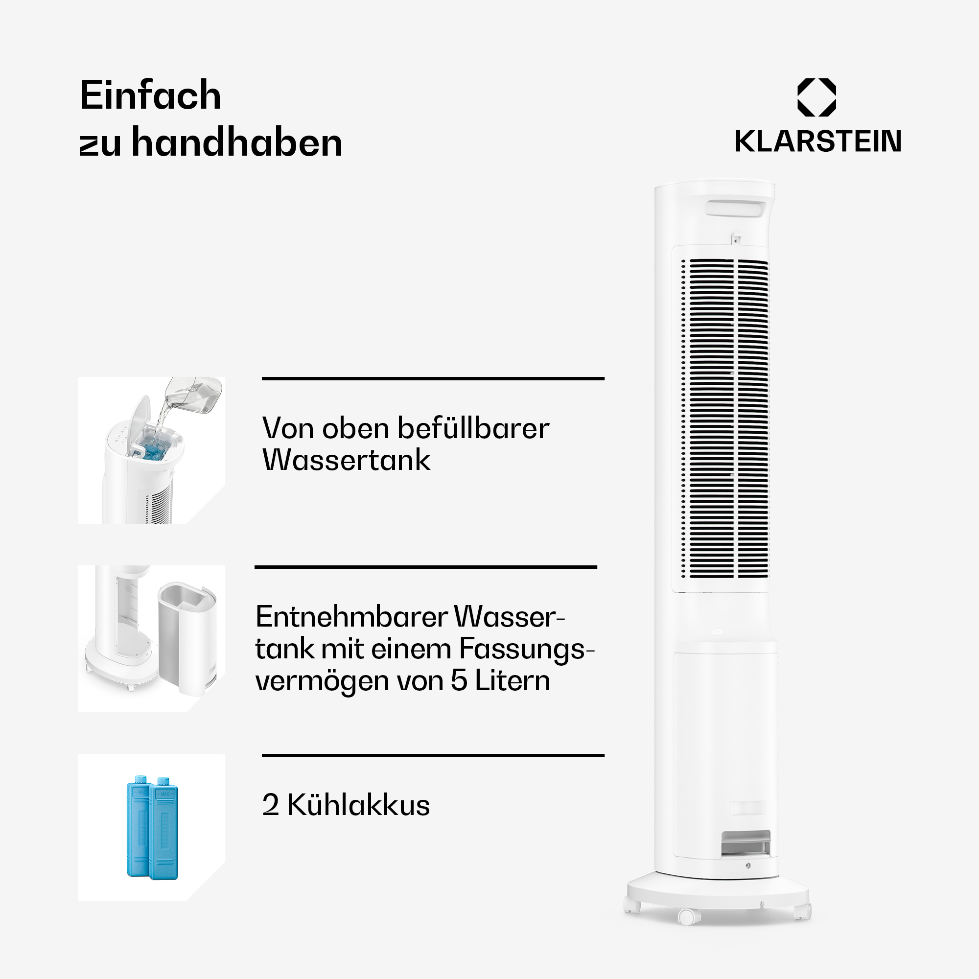 Ein weißer Turmlüfter mit abnehmbarem Wassertank und zwei Kühlakkus.
