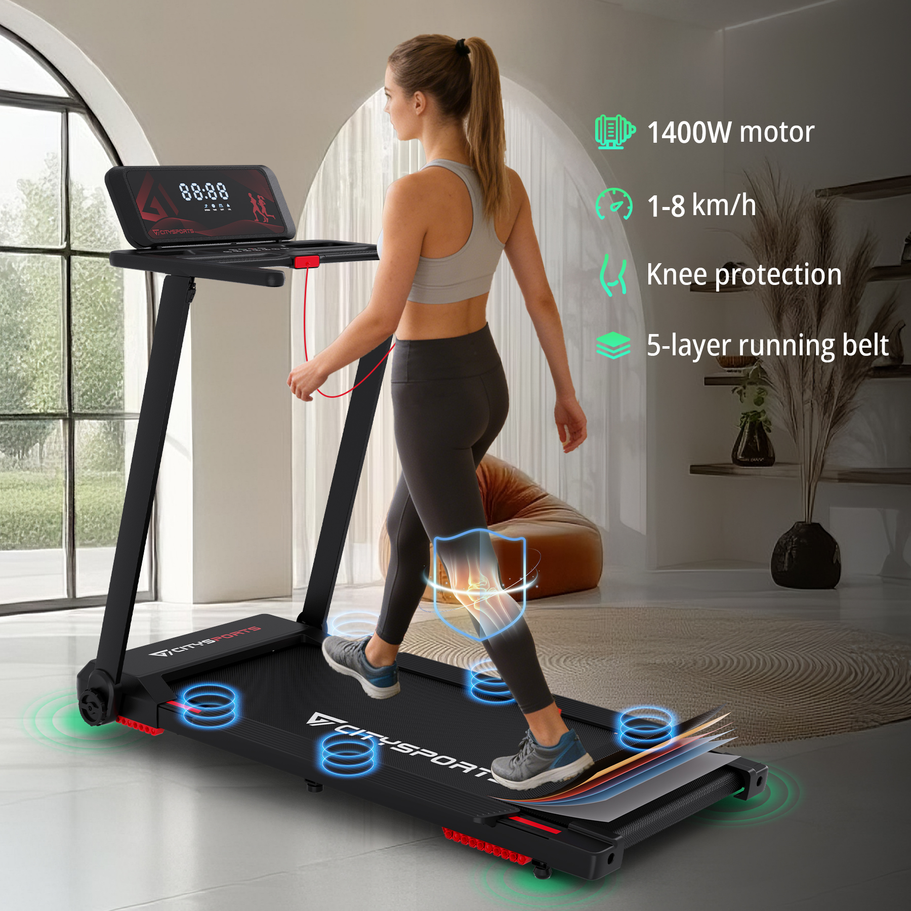 Woman on treadmill with 1400W motor, knee protection, and 5-layer belt.