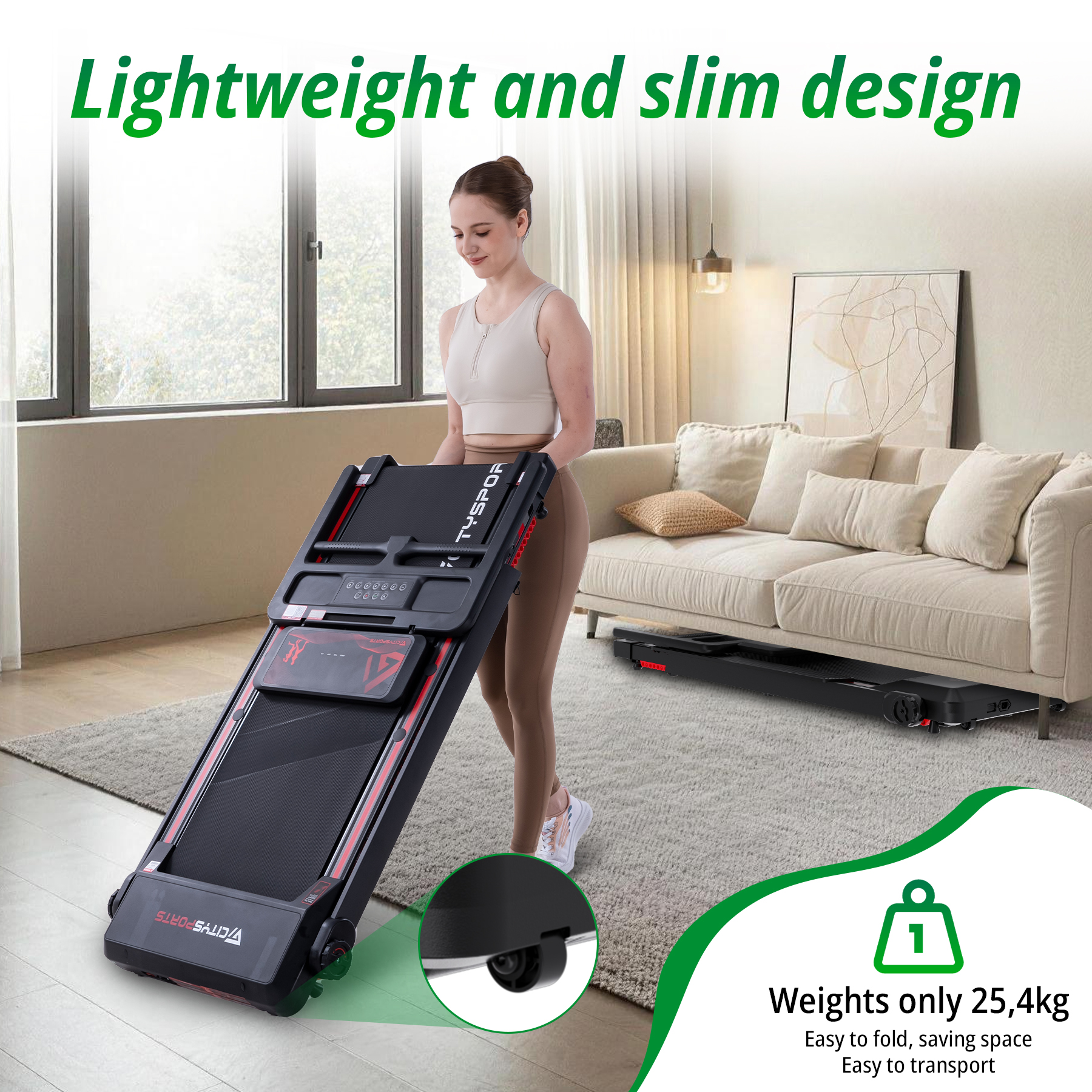 A woman stands next to a foldable treadmill in a living room.