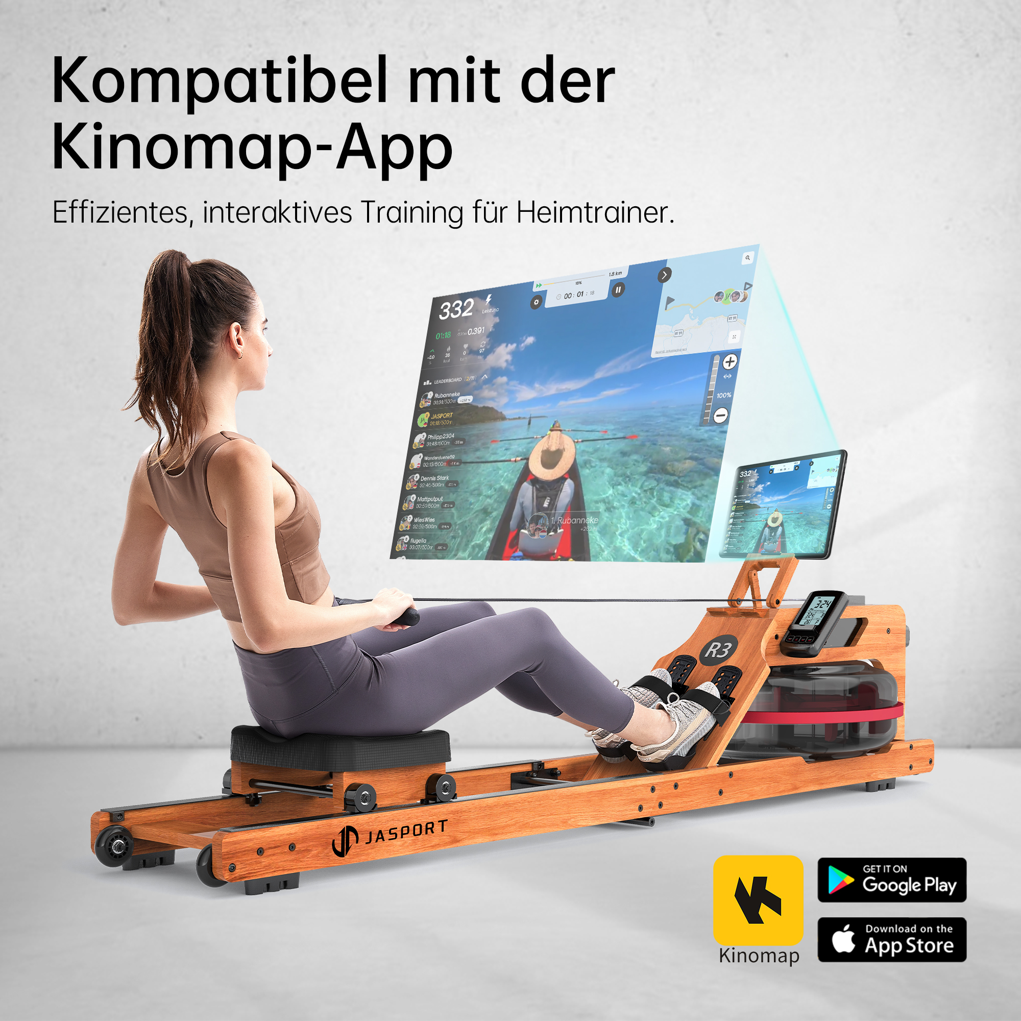 Mujer haciendo ejercicio en una máquina de remo, con la app Kinomap mostrada en pantalla.