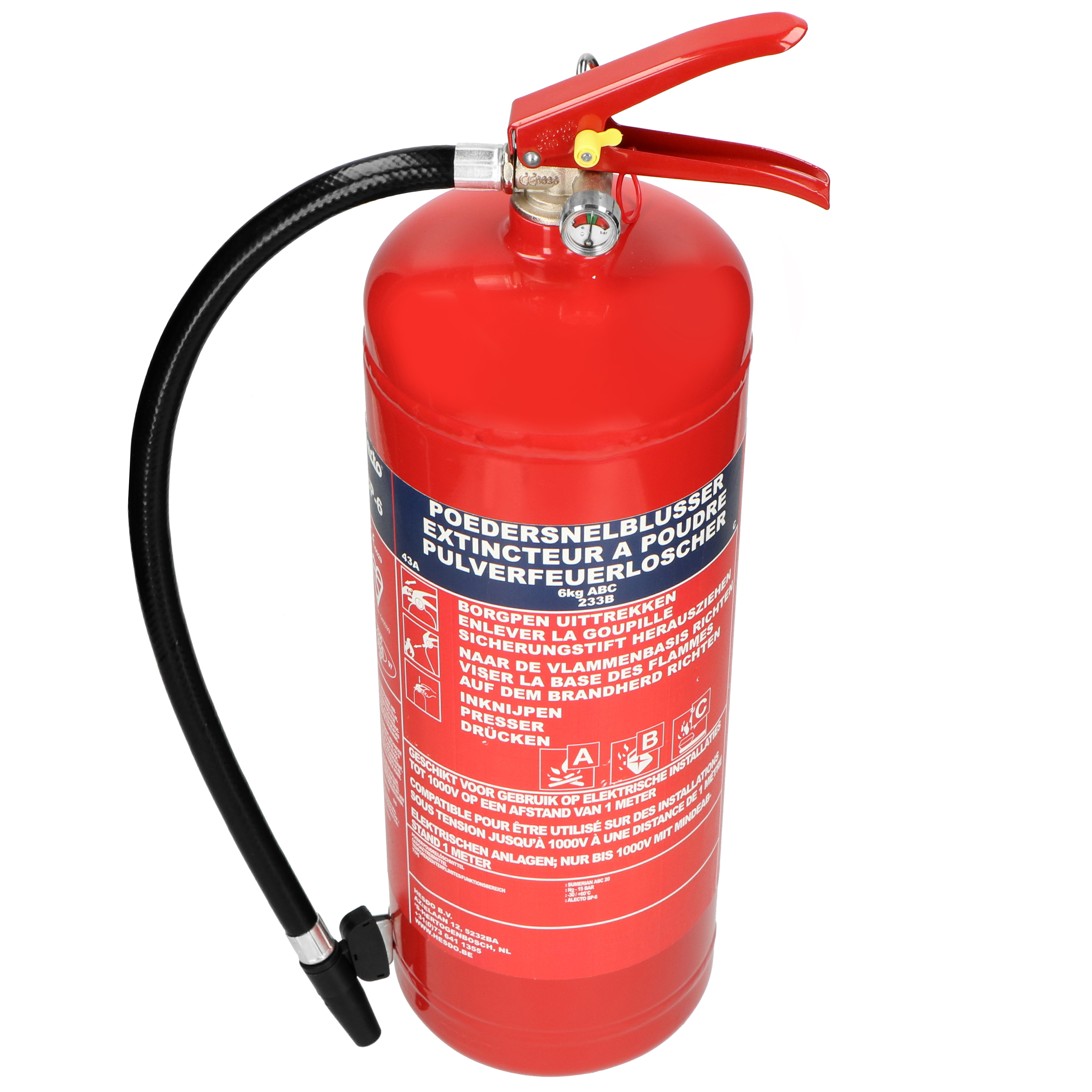 A red fire extinguisher with a black hose and pressure gauge.