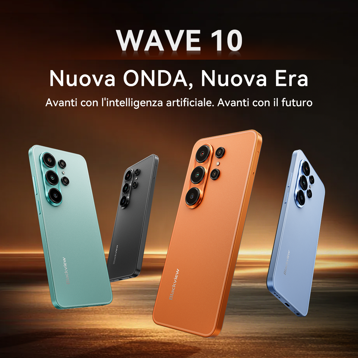 Quattro smartphone color acquamarina, nero, arancione e blu con fotocamere