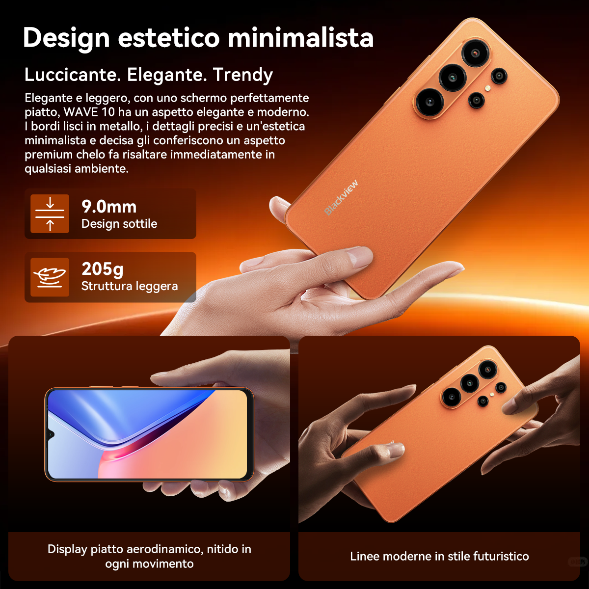 Smartphone arancione, sottile 9,0 mm, 205g leggero, con tripla fotocamera.