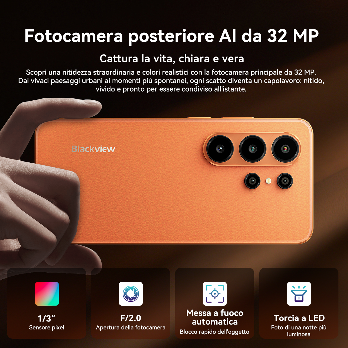 Retro smartphone arancione con tre fotocamere e flash. Testo su fotocamera IA da 32 MP.