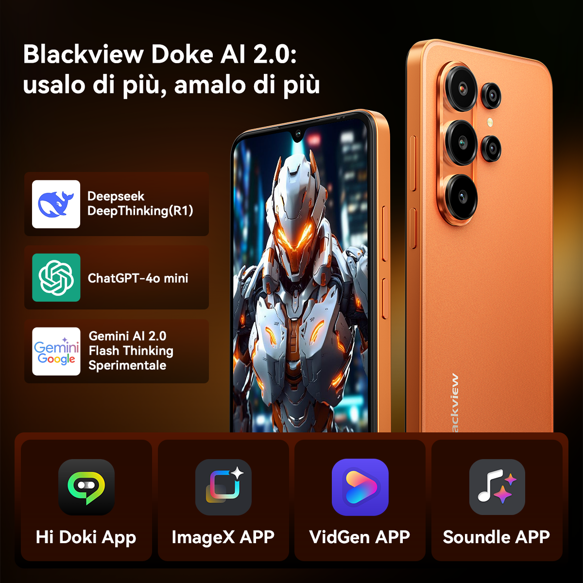 Telefono arancione Blackview con app IA come Deepseek e Gemini. Schermo mostra un cyborg.