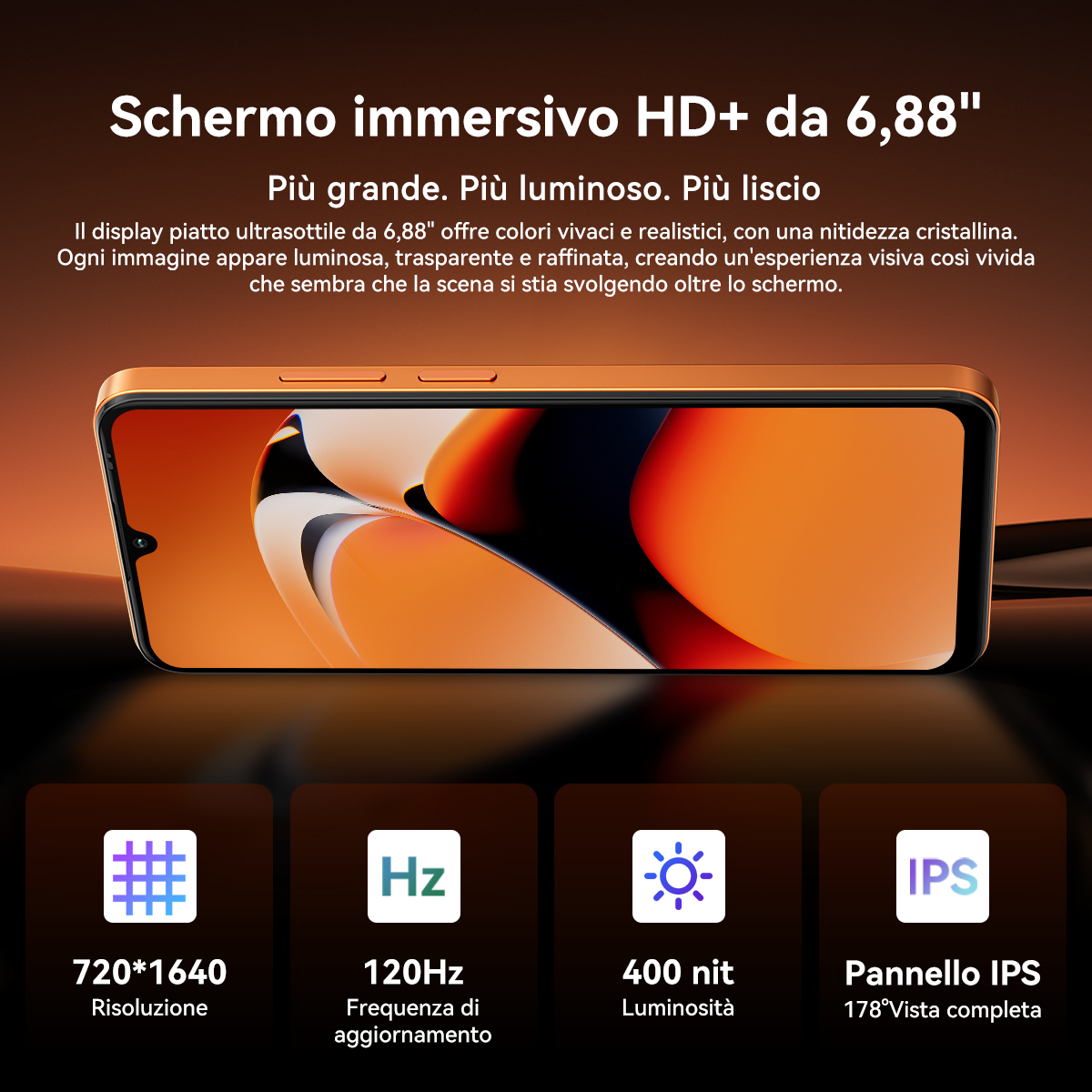 Uno smartphone arancione con display HD+ immersivo da 720*1640.