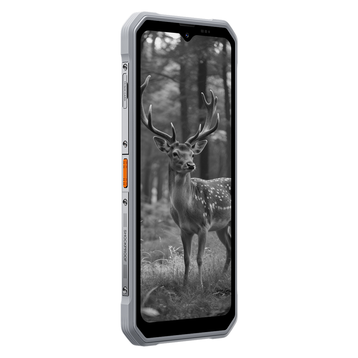 Robuuste smartphone met hert in bos op scherm.