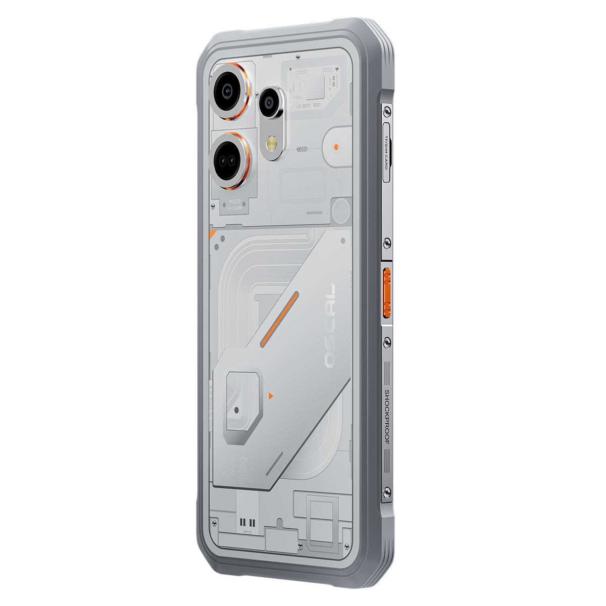 Smartphone grigio con retro trasparente e fotocamere posteriori.