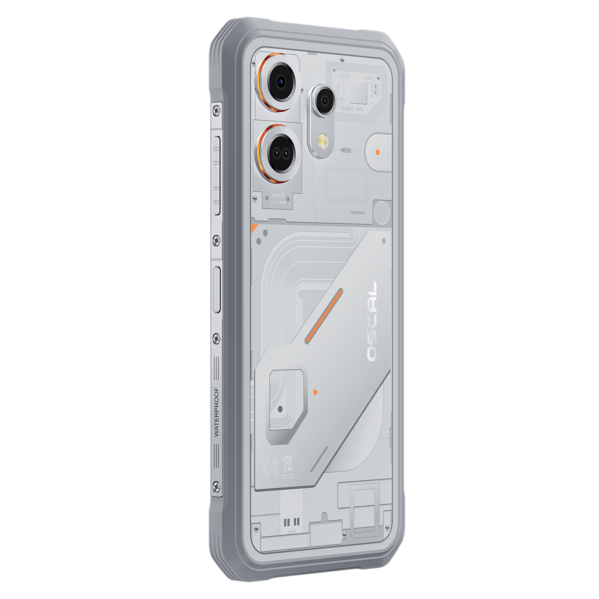 Een grijze smartphone met een transparante achterkant, met interne componenten en camera's.