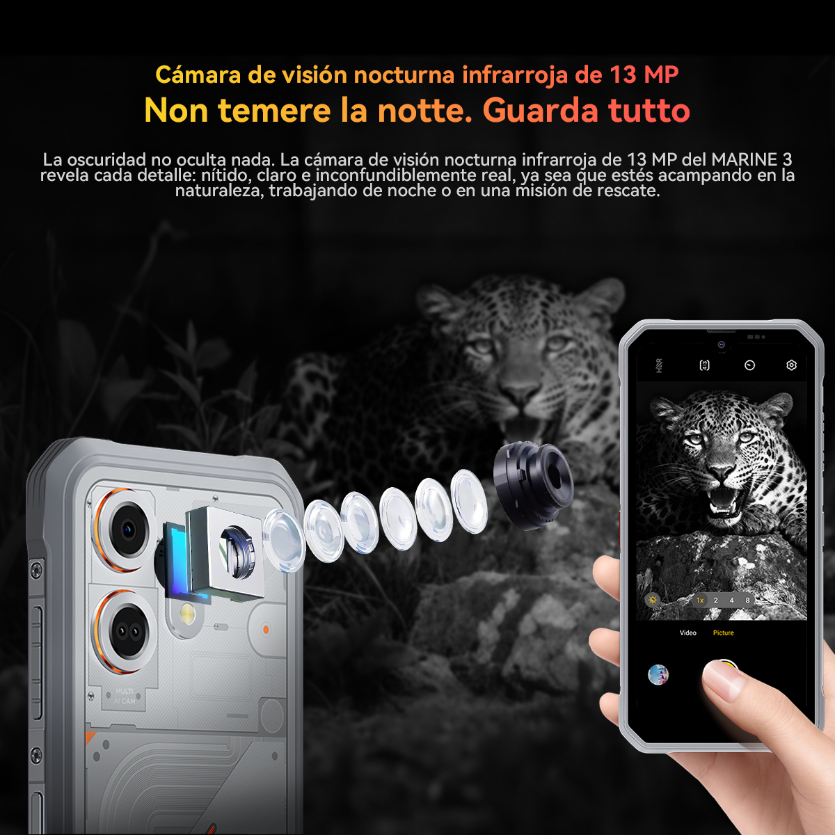 Uno smartphone mostra un leopardo. Nebbia e lenti in primo piano.
