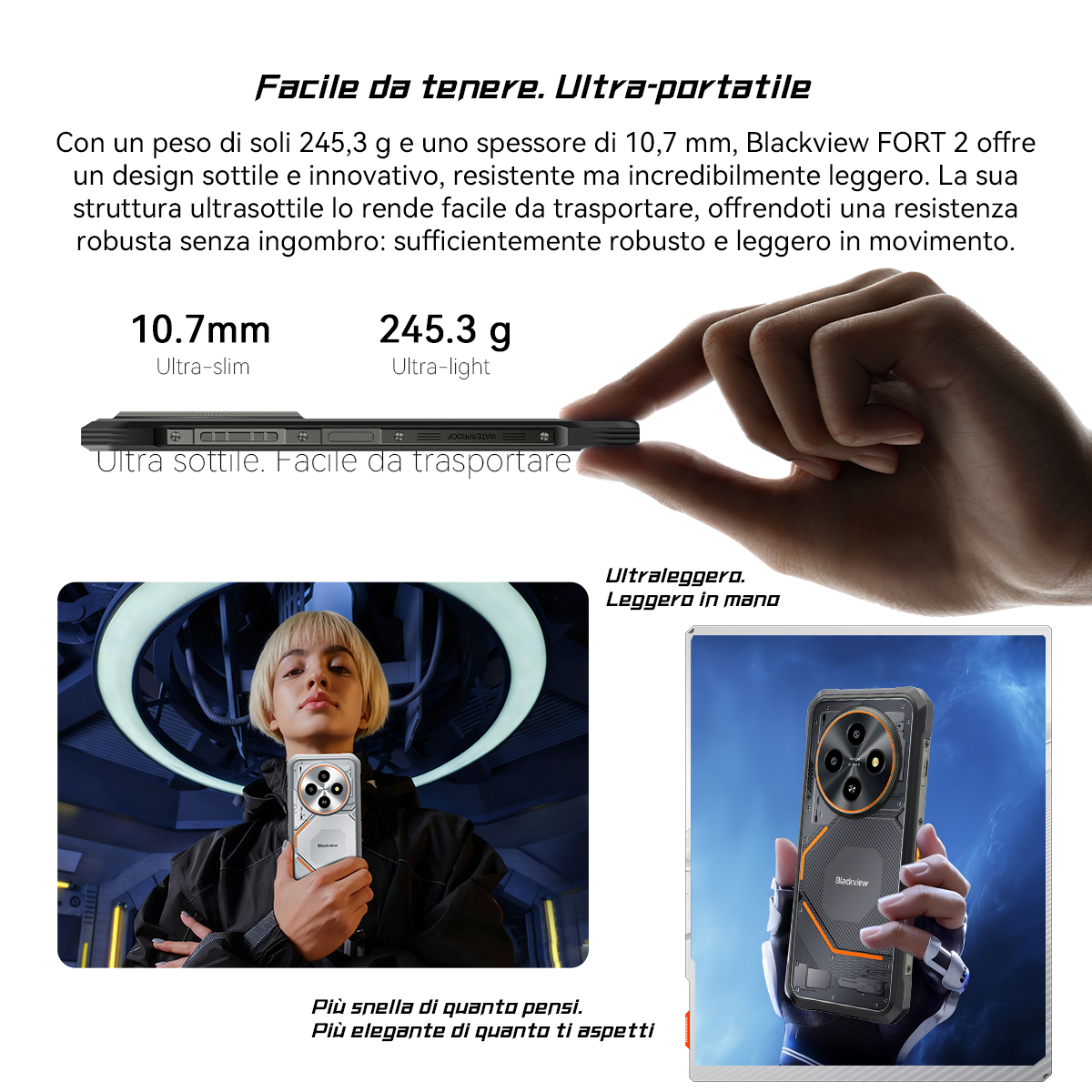 Telefon trzymany w dłoni, o grubości 10,7 mm i wadze 245,3 g.