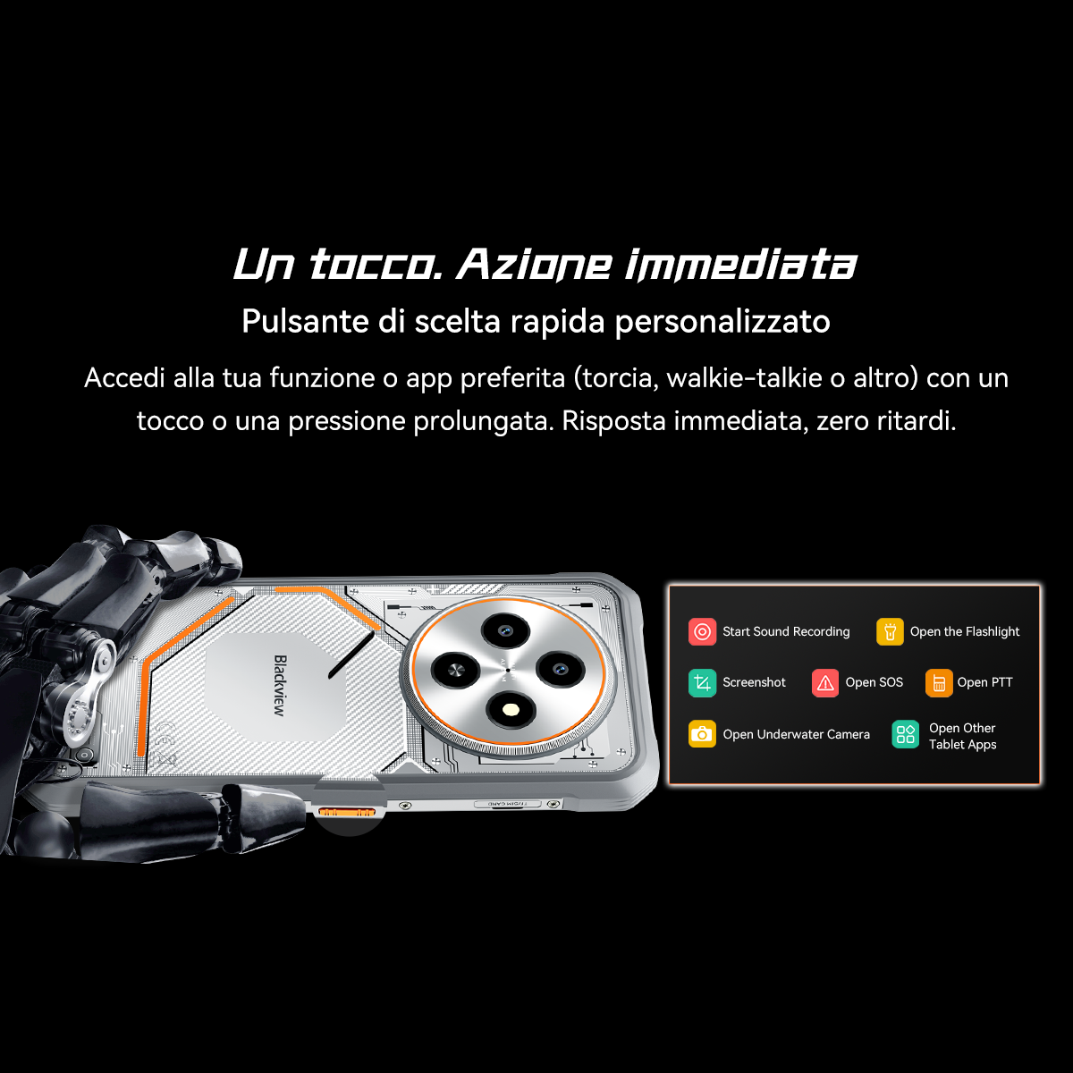 Ramię robota trzyma smartfon z trzema aparatami i przeglądem menu szybkiego uruchamiania.