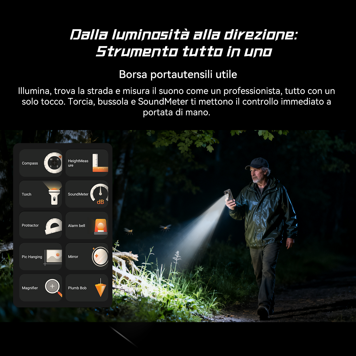Mężczyzna idzie nocą, oświetlony latarką telefonu. Zawiera ikony.