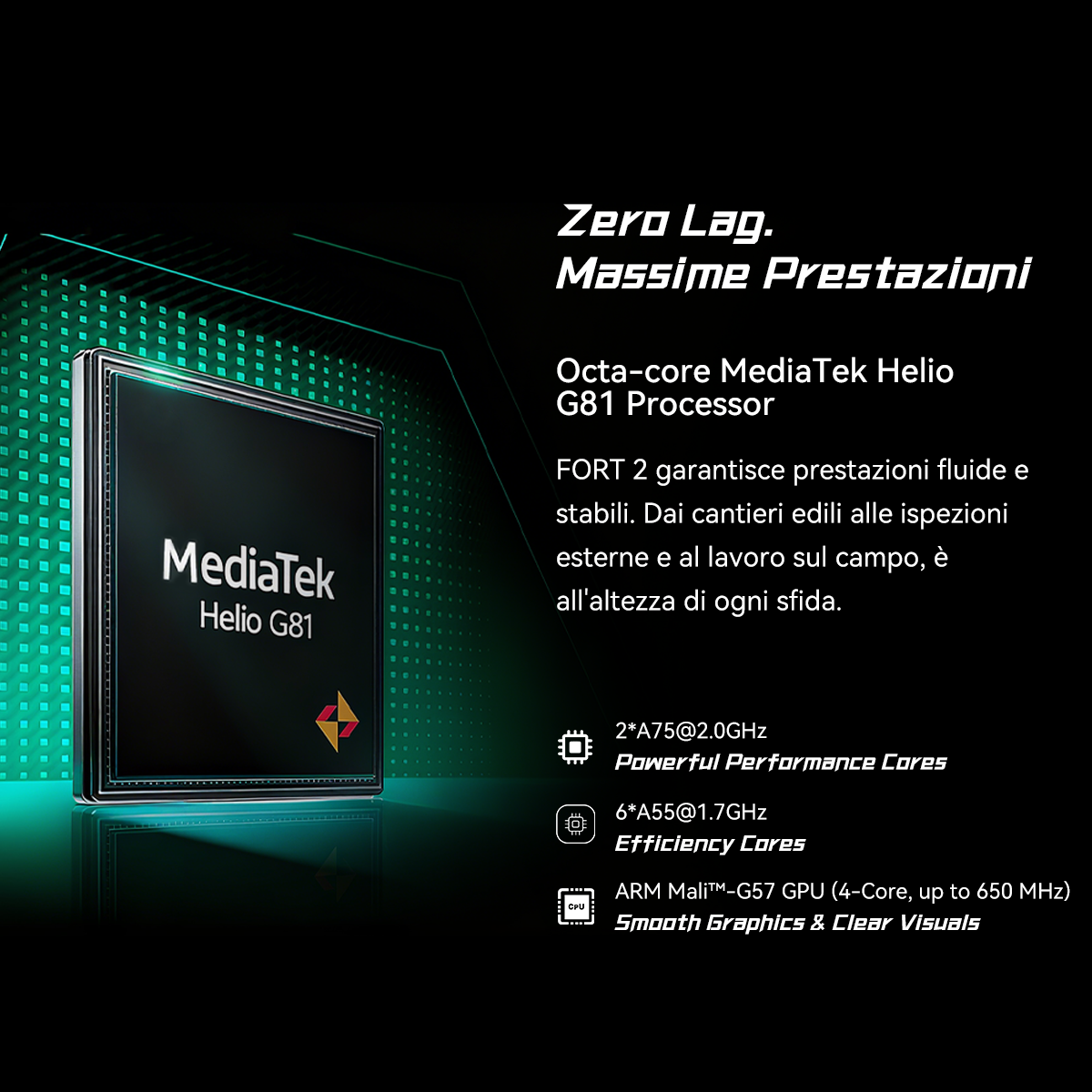 Procesor Octa-core MediaTek Helio G81 z rdzeniami wydajności i efektywności.