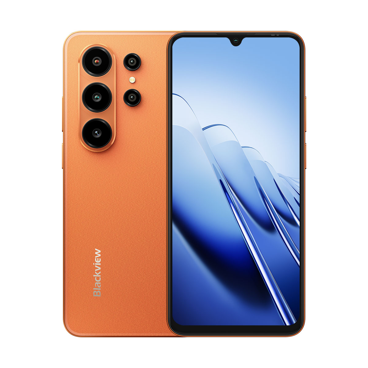 Uno smartphone arancione con tre fotocamere posteriori e un ampio display.