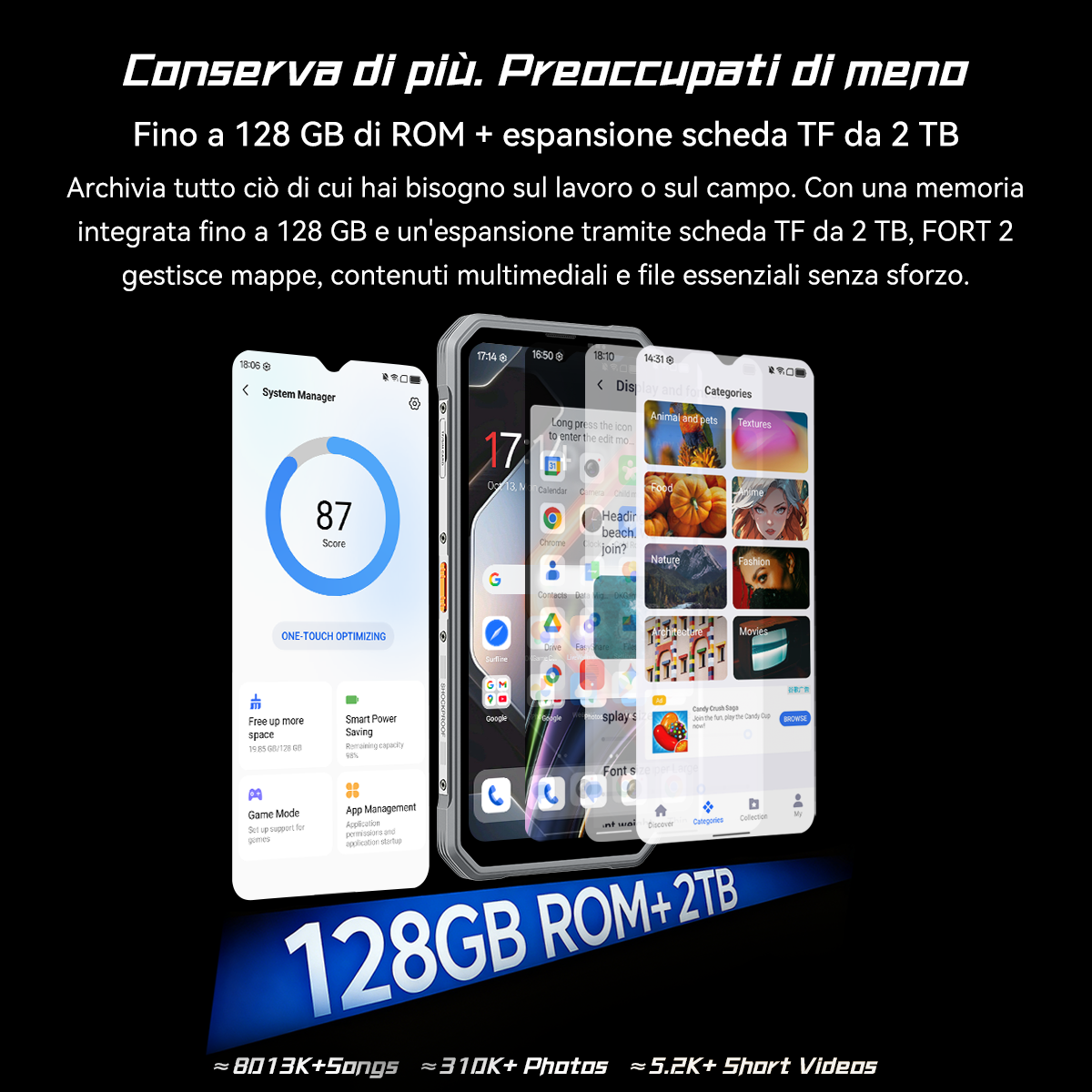 Due smartphone mostrano interfacce, info memoria e icone di giochi. 128GB ROM+2TB.