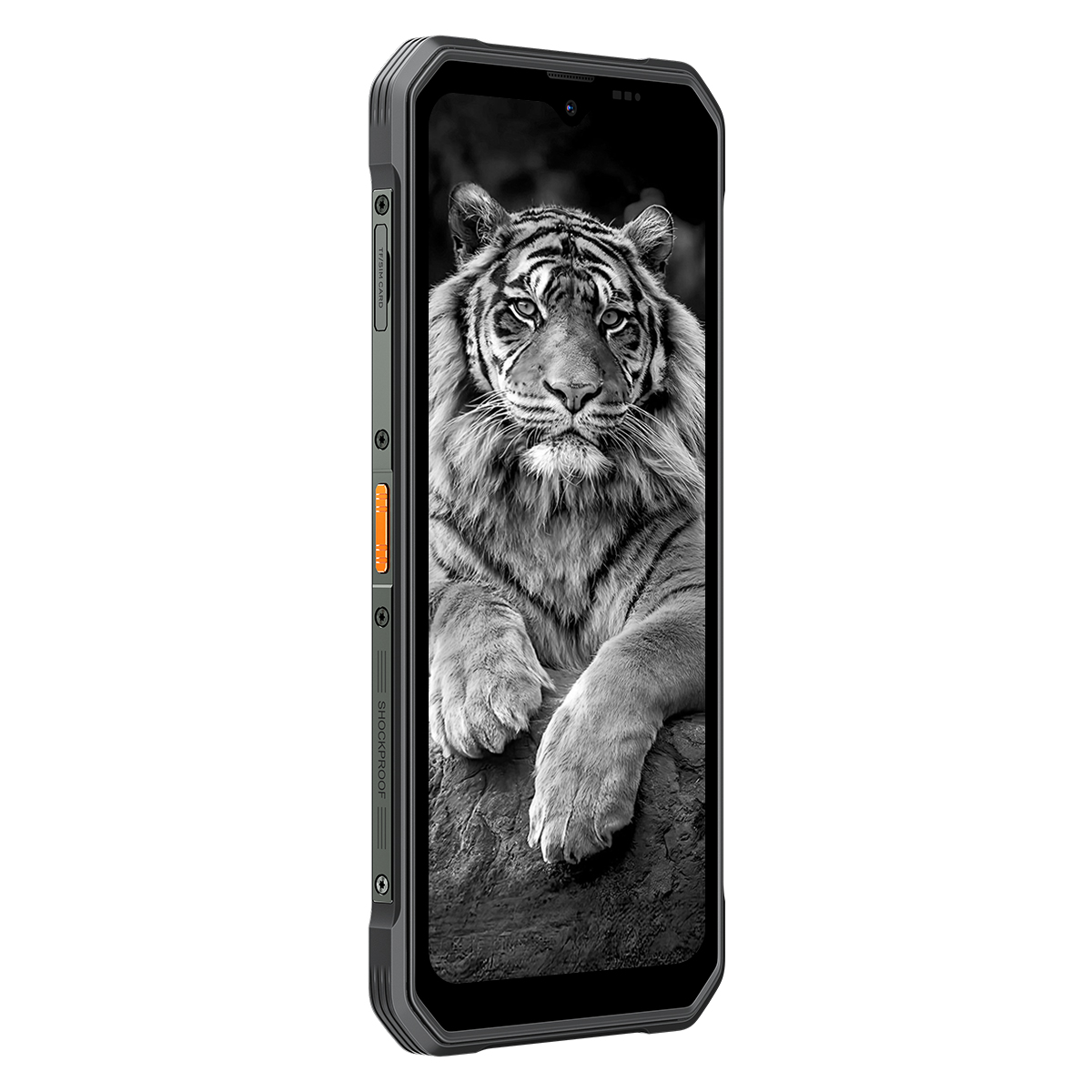 Een robuuste smartphone met een tijgerafbeelding op het scherm.