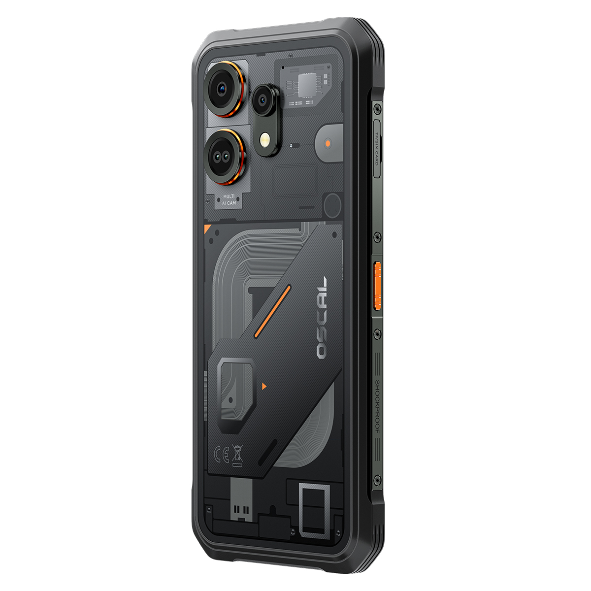 Achterkant van een zwarte robuuste smartphone met zichtbare interne componenten en drie camera's.