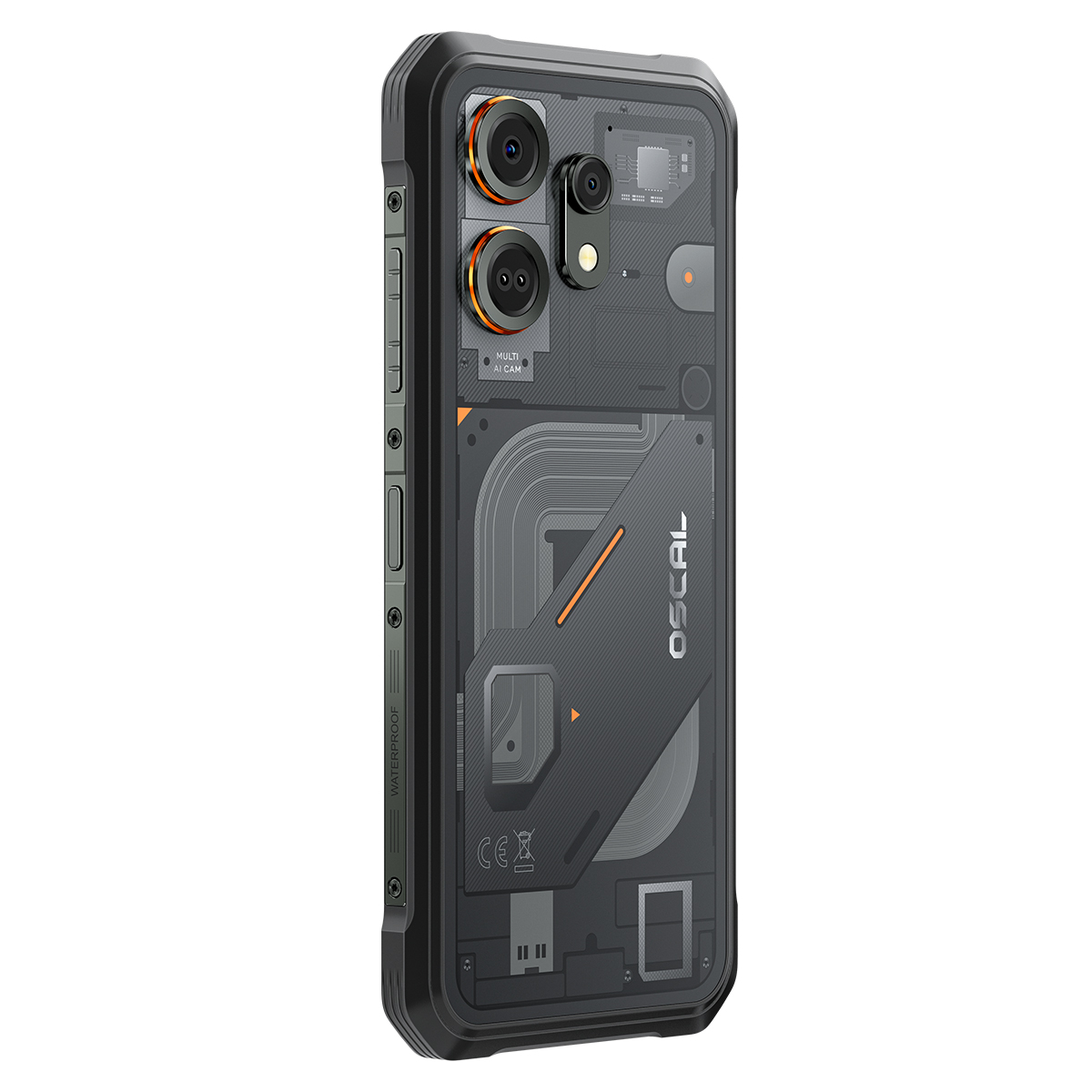 Achterkant van een zwarte smartphone met transparant design, die interne componenten en camera's toont.