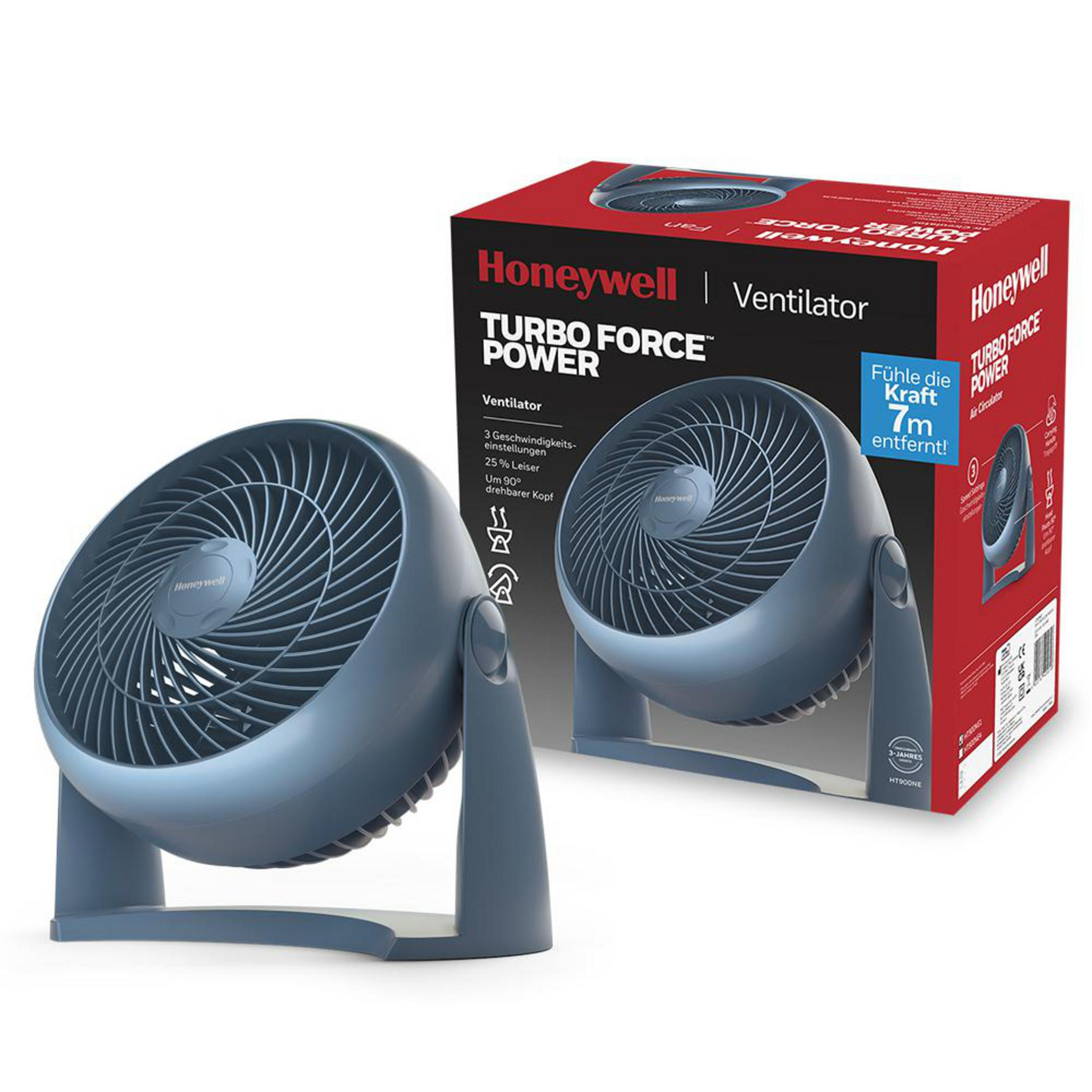 Un ventilatore blu Honeywell Turbo Force Power accanto alla sua confezione rossa.