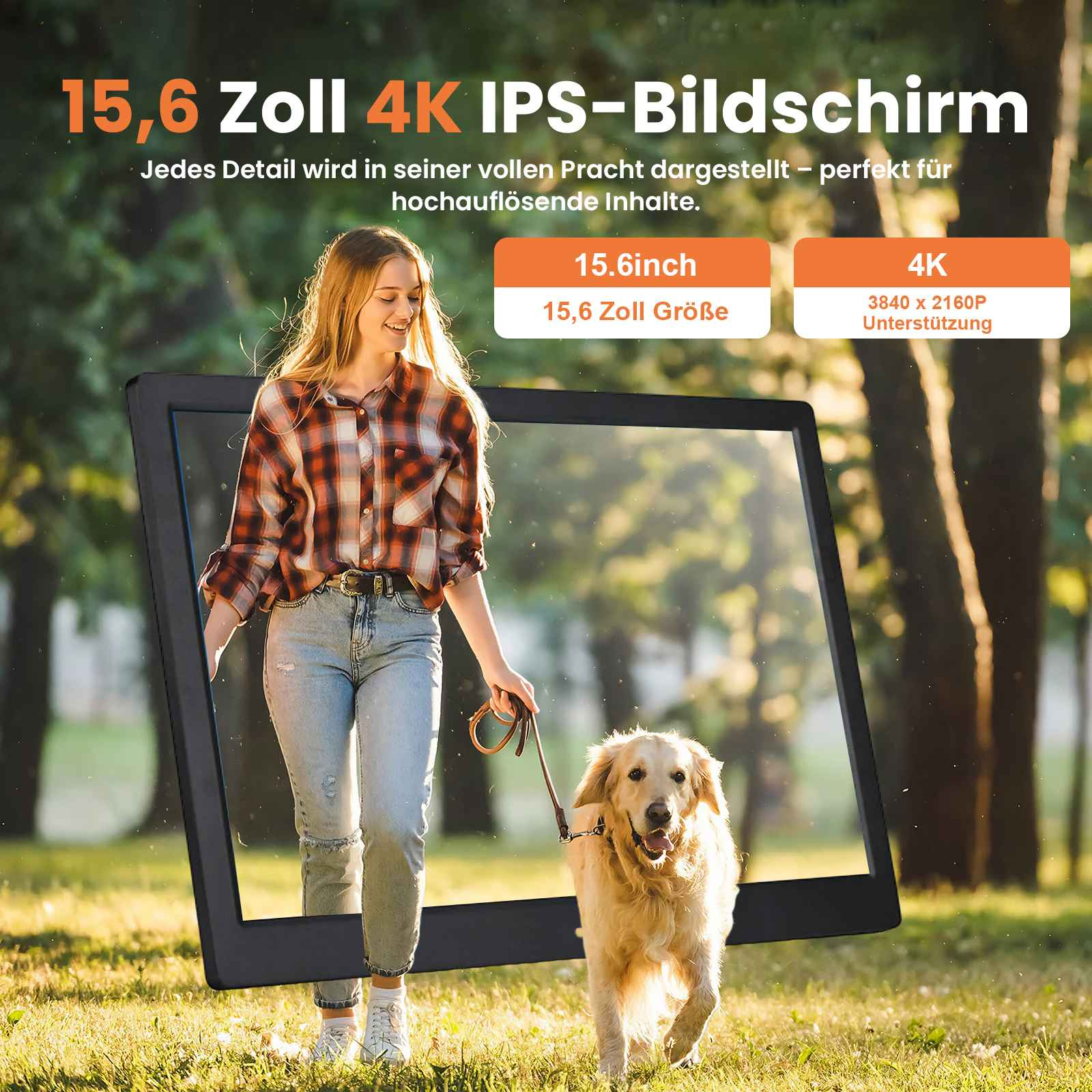 Frau mit Hund im Freien vor einem 15,6-Zoll-4K-IPS-Bildschirm.