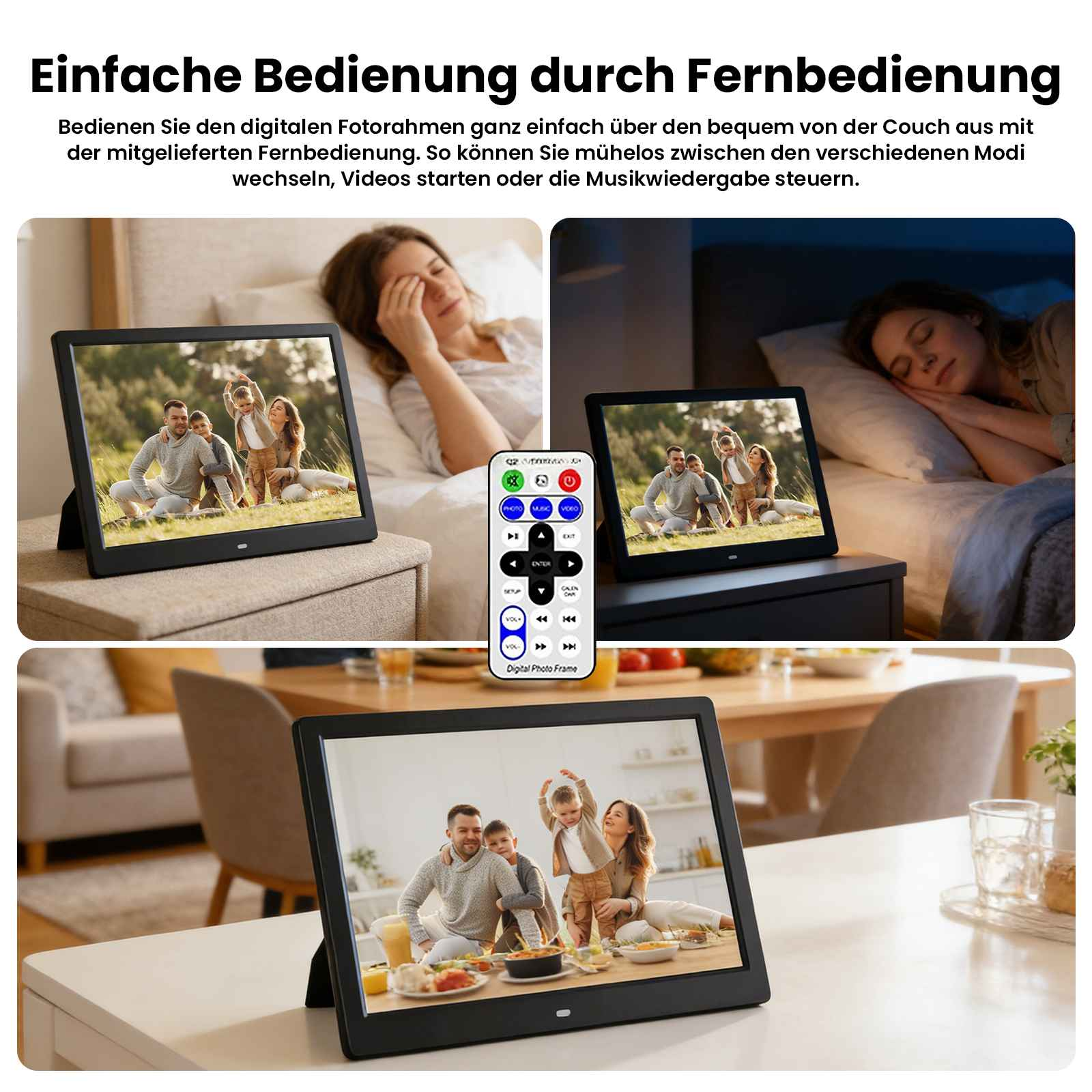 Ein digitaler Fotorahmen mit Fernbedienung, der eine Familie zeigt.