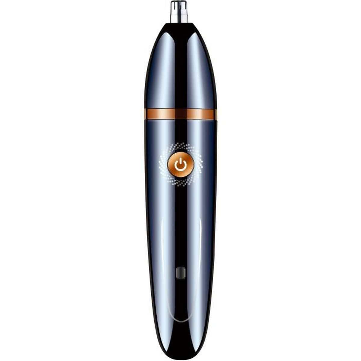 Ein dunkelblauer Nasentrimmer mit silbernen Akzenten und einem Power-Button.