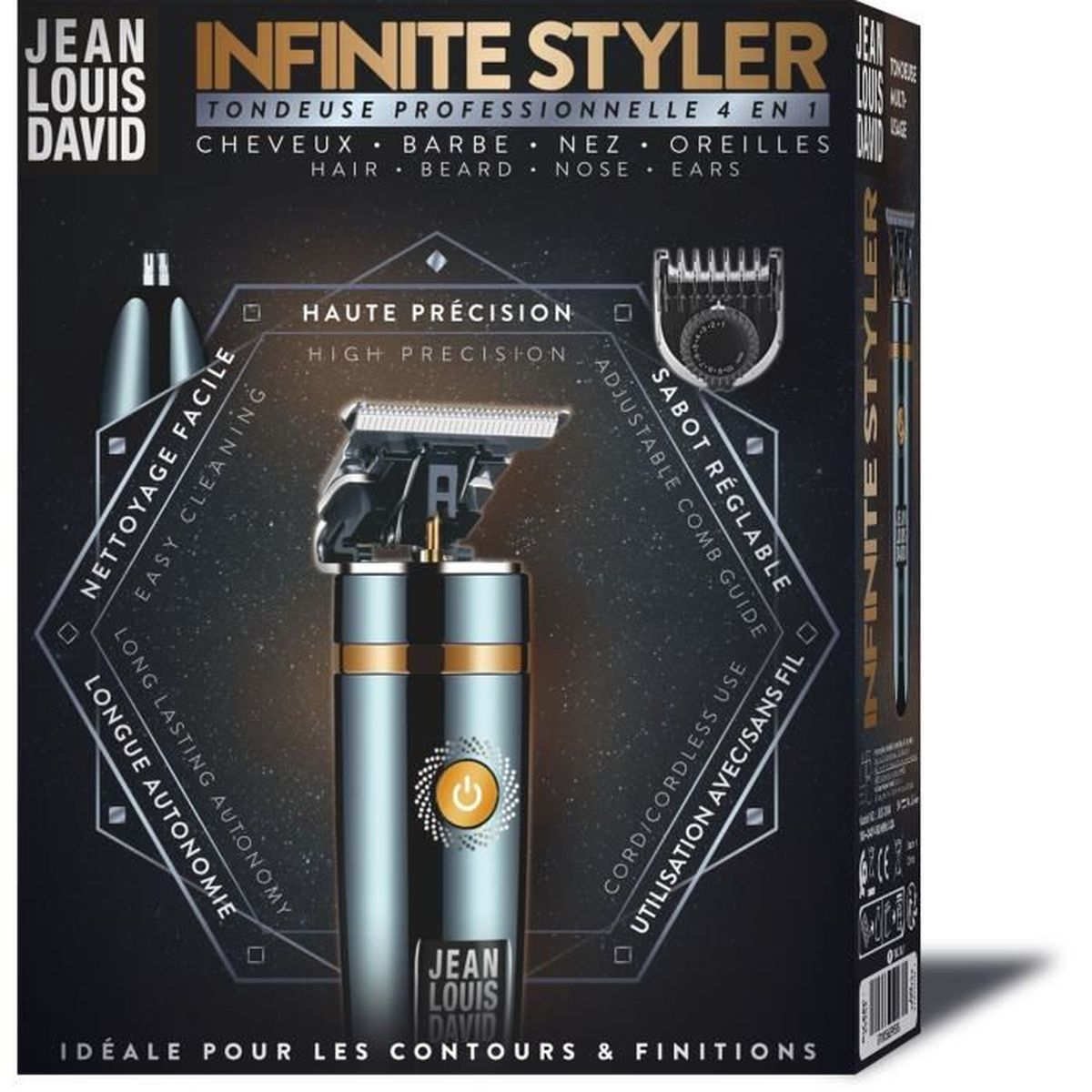 Verpackung eines Jean Louis David Infinite Styler Trimmers mit Produktabbildung.