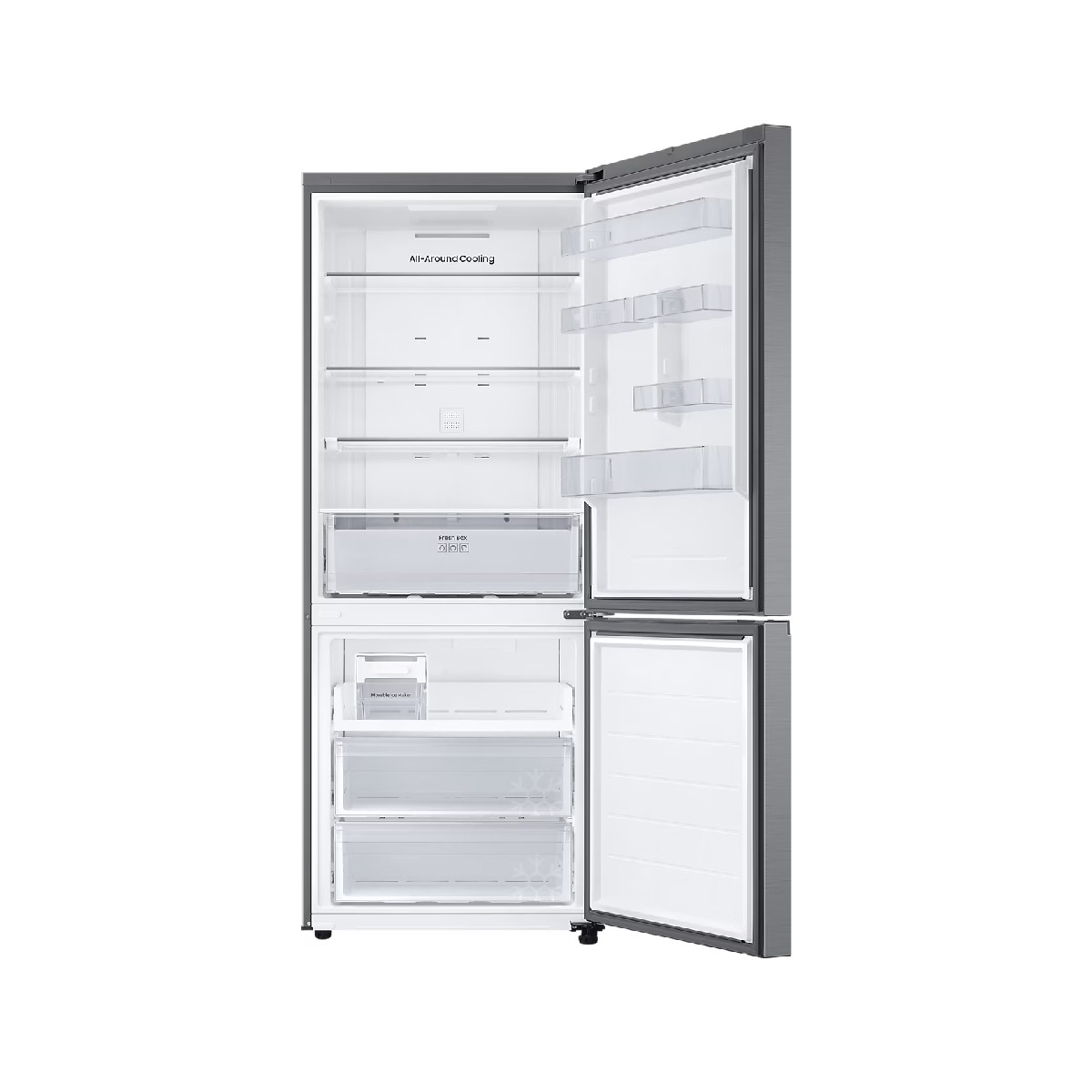 An open gray refrigerator with multiple shelves and drawers.