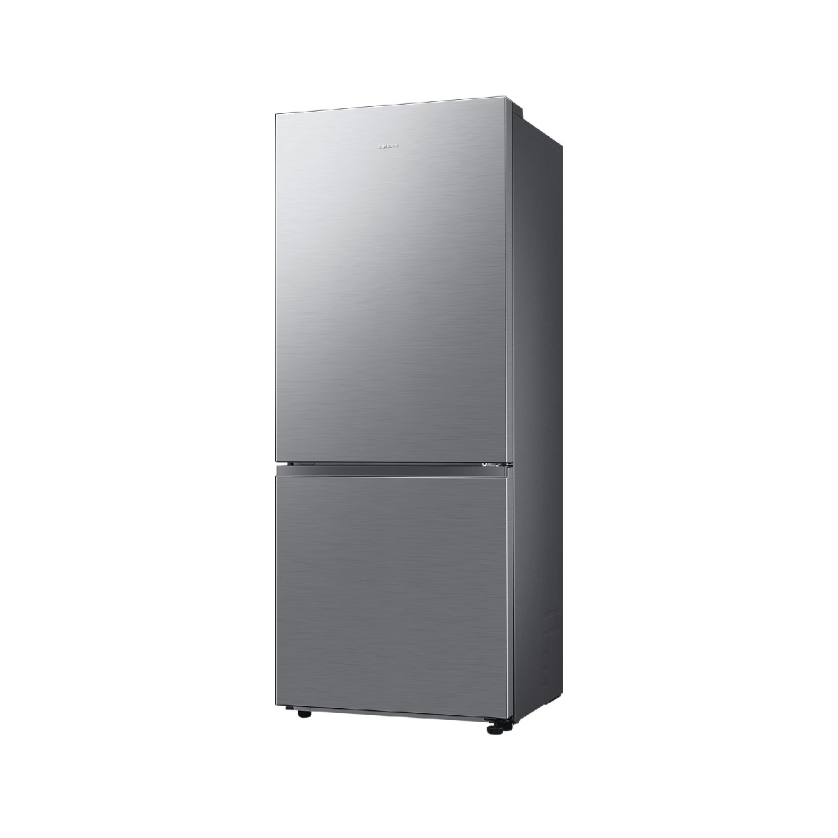 A sleek, silver refrigerator with two doors, one on top and one on the bottom.