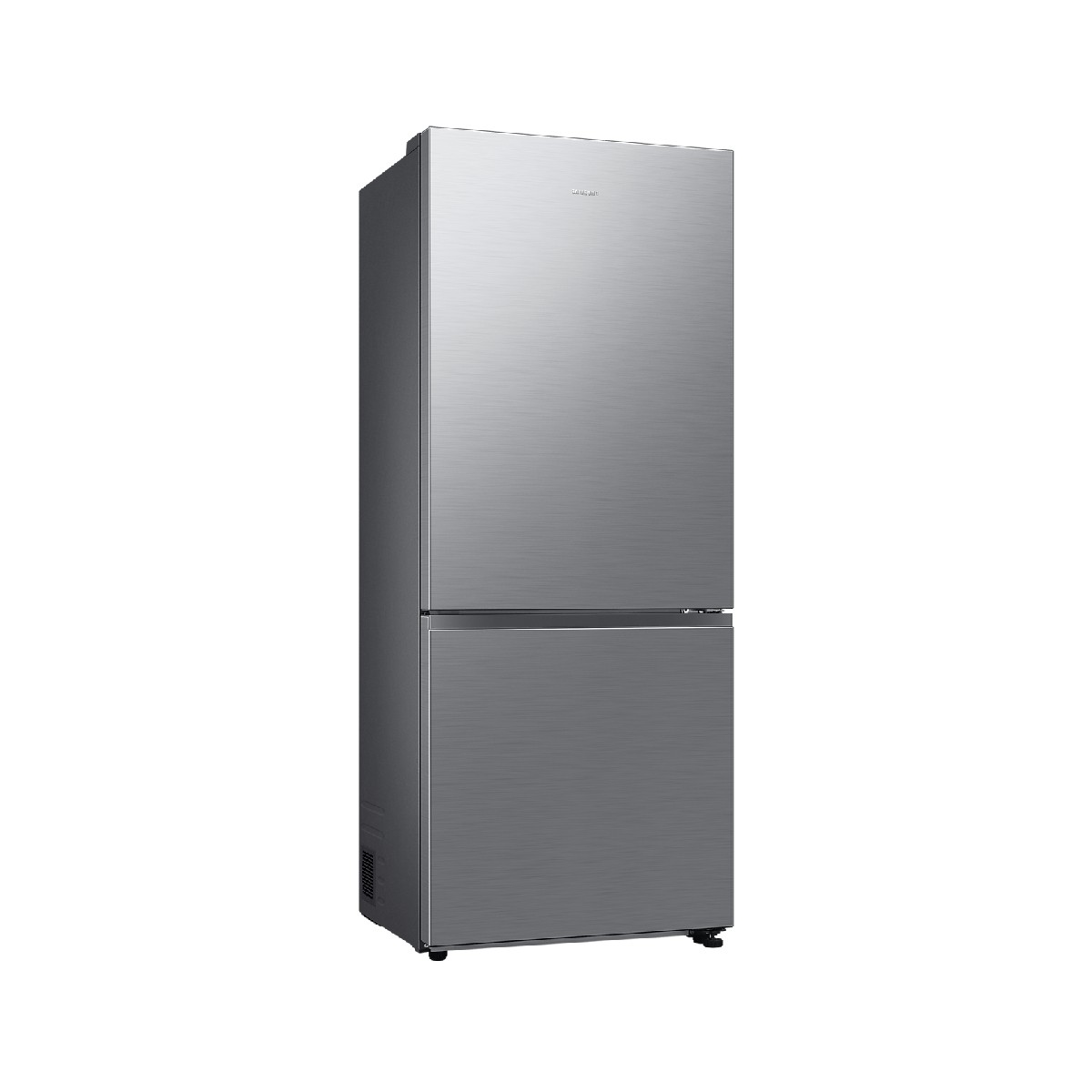 A modern, silver, two-door refrigerator stands against a white background.