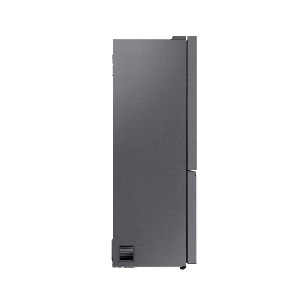 Gray refrigerator shown from the side, with a vent at the bottom.