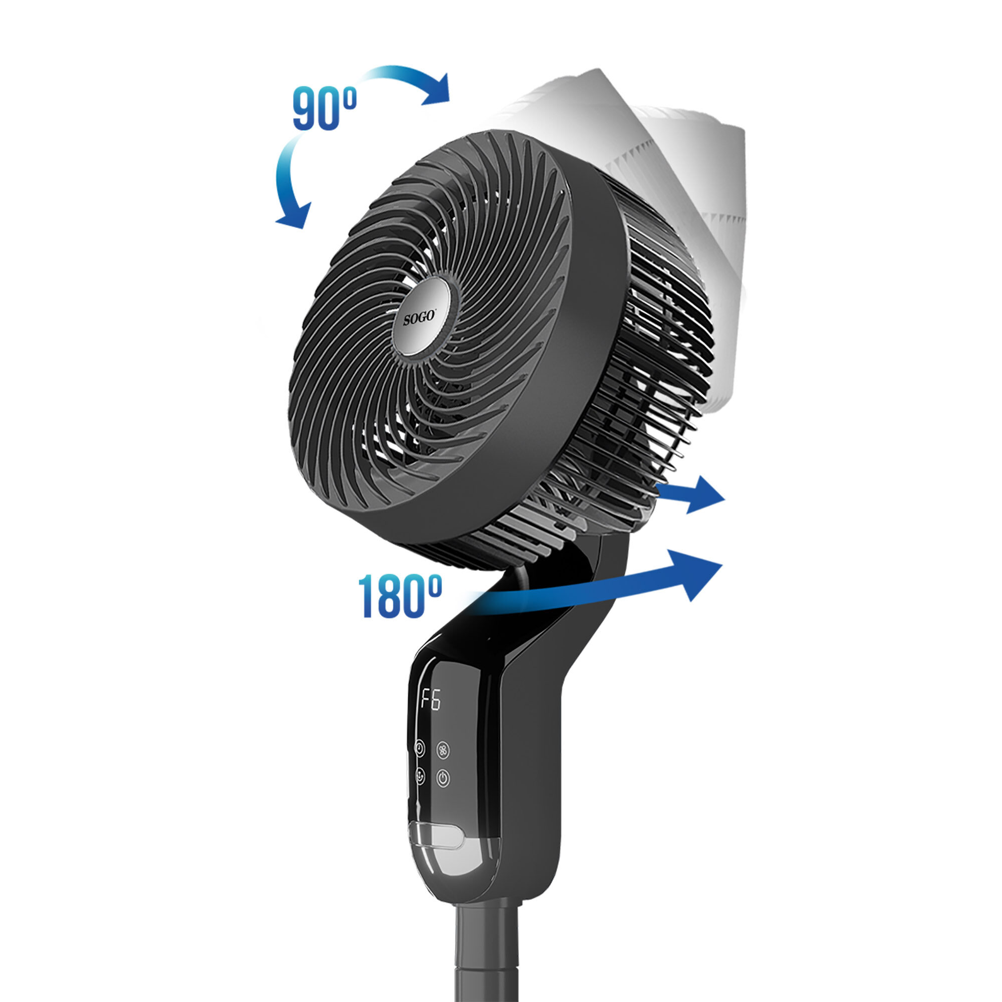 Ventilador negro mostrando ángulos de oscilación de 90 y 180 grados.